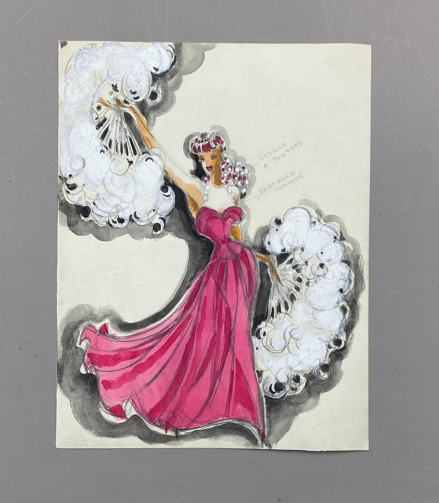 Original French theatre costume design from 1930/40s, painted watercolour and enamels on paper . Size: 32 x 24.5 cms