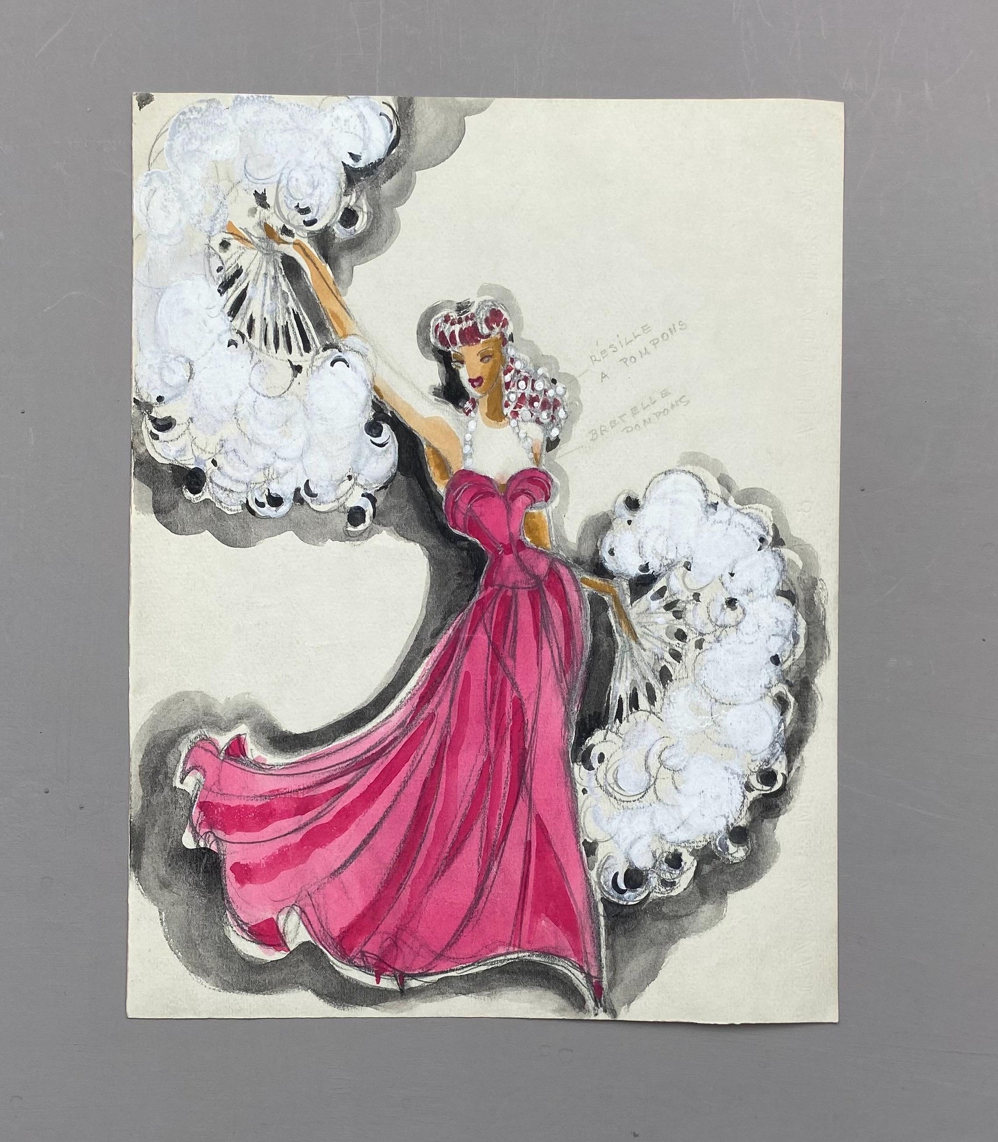 Original French theatre costume design from 1930/40s, painted watercolour and enamels on paper . Size: 32 x 24.5 cms