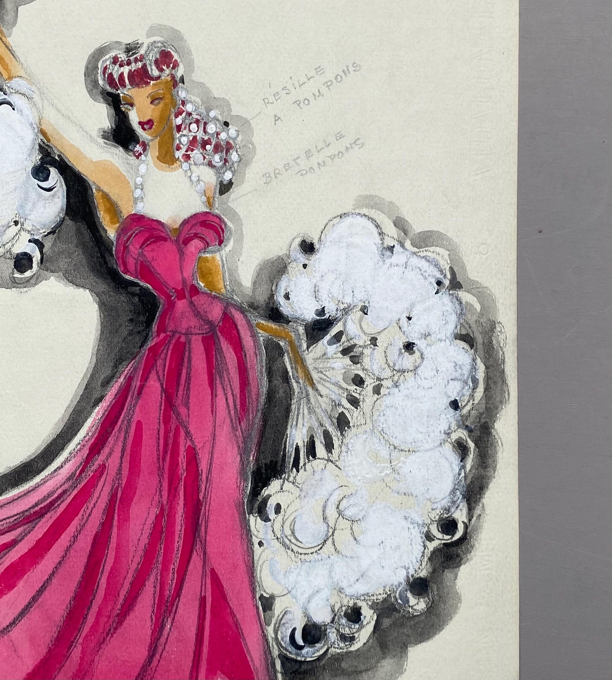 Original French theatre costume design from 1930/40s, painted watercolour and enamels on paper . Size: 32 x 24.5 cms