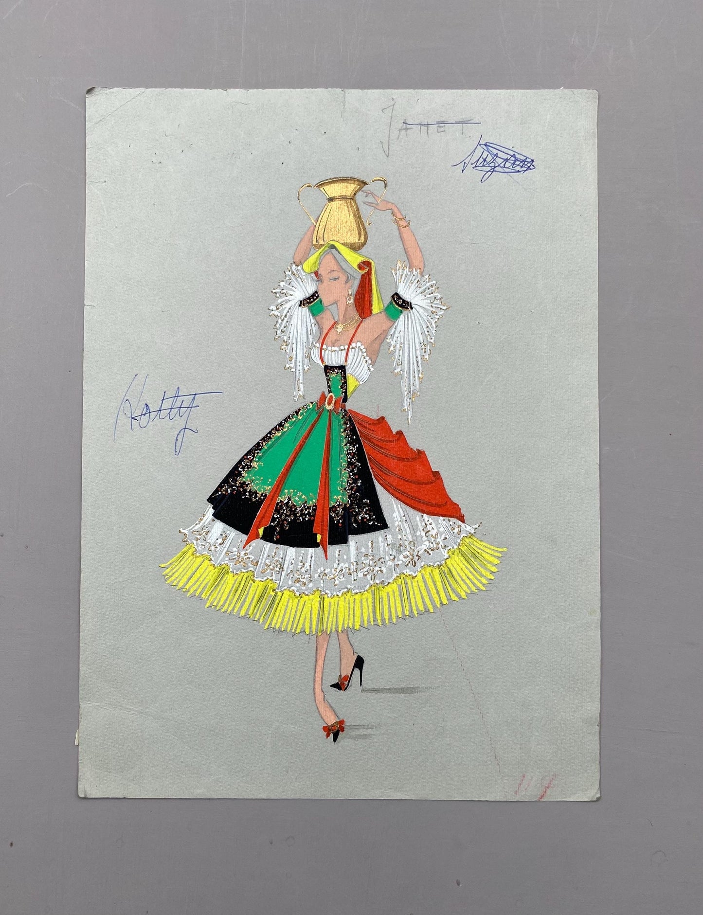Original French theatre costume design from 1930/40s, painted watercolour and enamels on card . Size: 34.3 x 25 cms