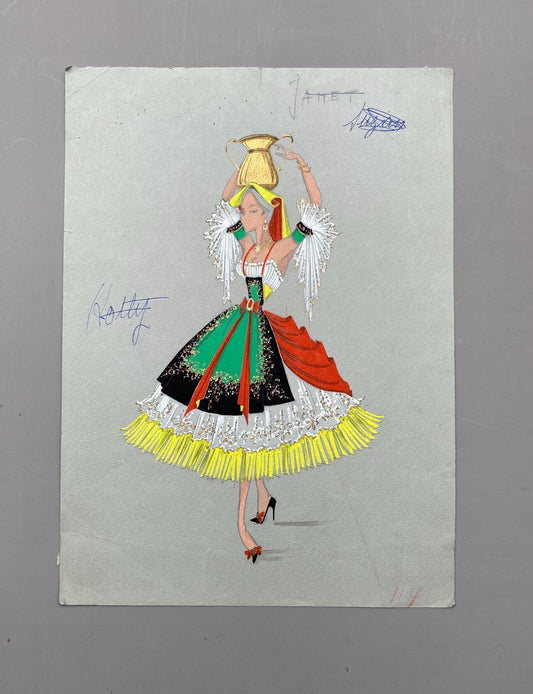 Original French theatre costume design from 1930/40s, painted watercolour and enamels on card . Size: 34.3 x 25 cms