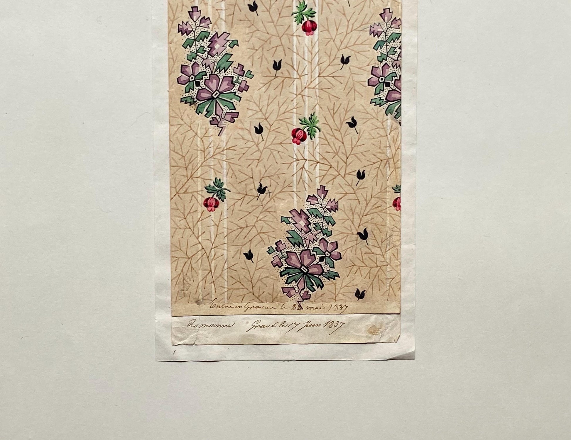 A handpainted 19th Century French Textile Design. Dated 1837. Mounted on Antique Paper. 35.4 x 30.4 cms.