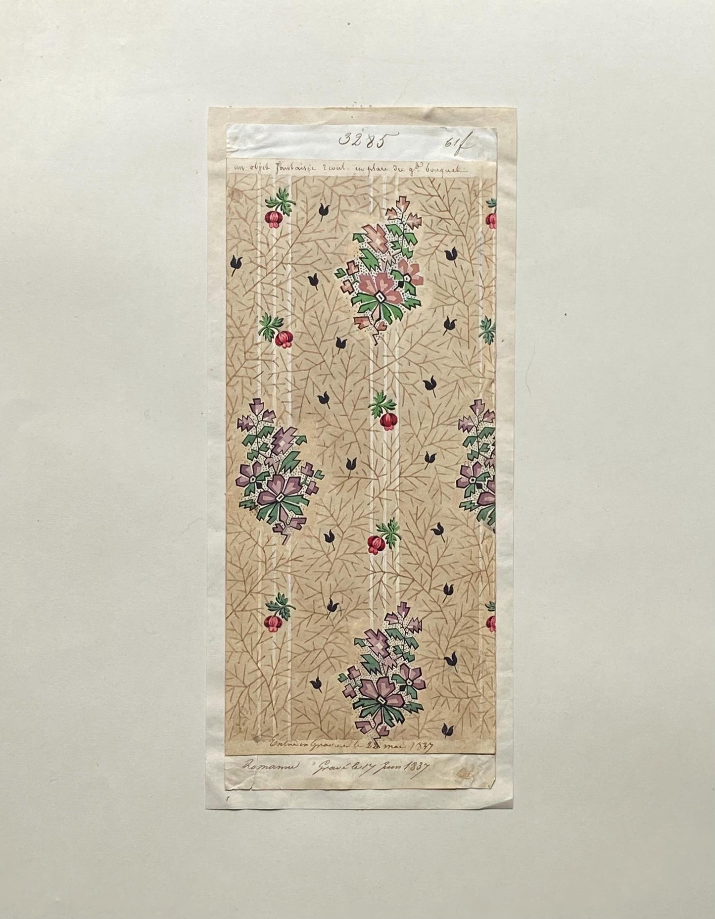 A handpainted 19th Century French Textile Design. Dated 1837. Mounted on Antique Paper. 35.4 x 30.4 cms.
