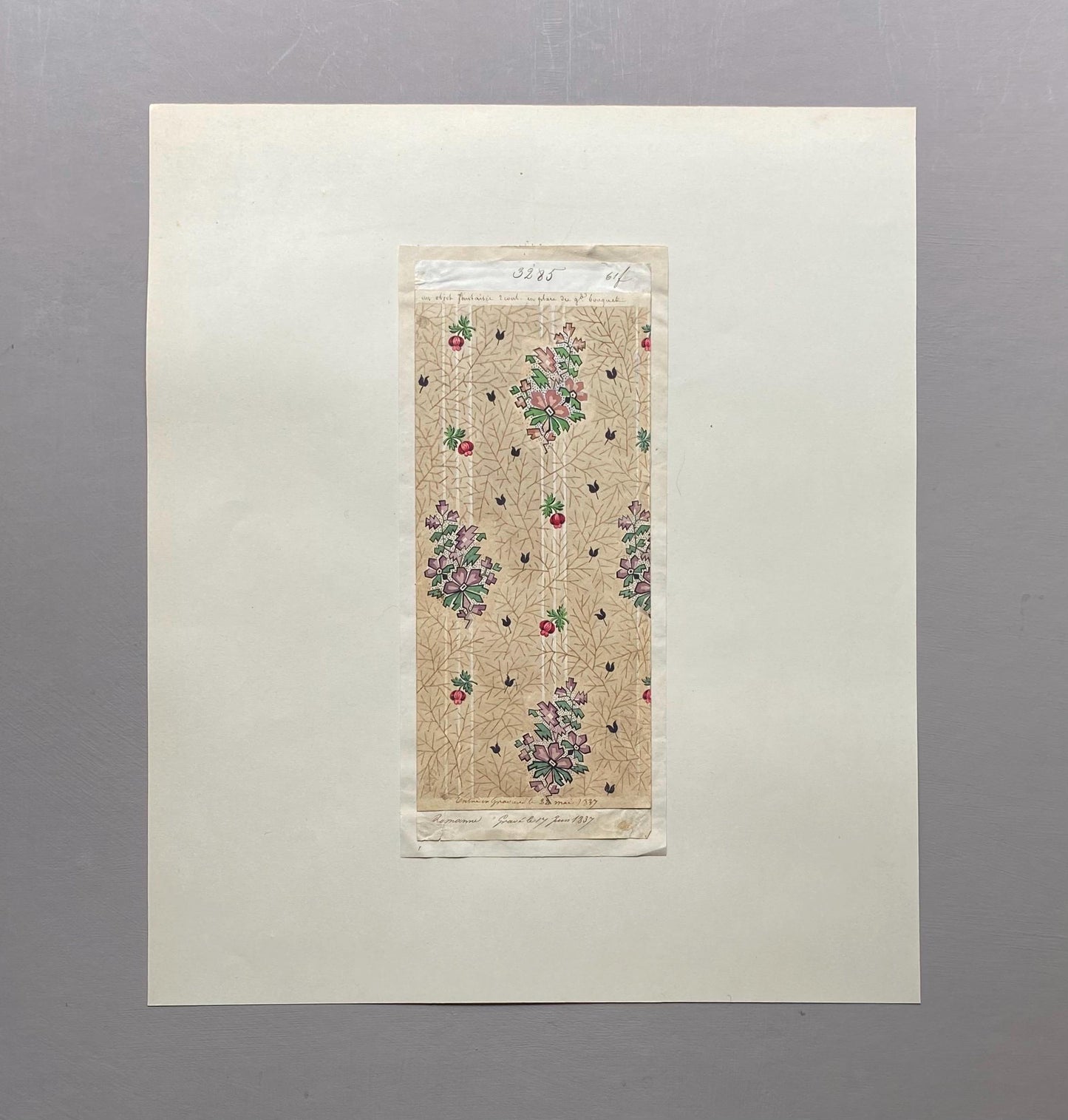 A handpainted 19th Century French Textile Design. Dated 1837. Mounted on Antique Paper. 35.4 x 30.4 cms.