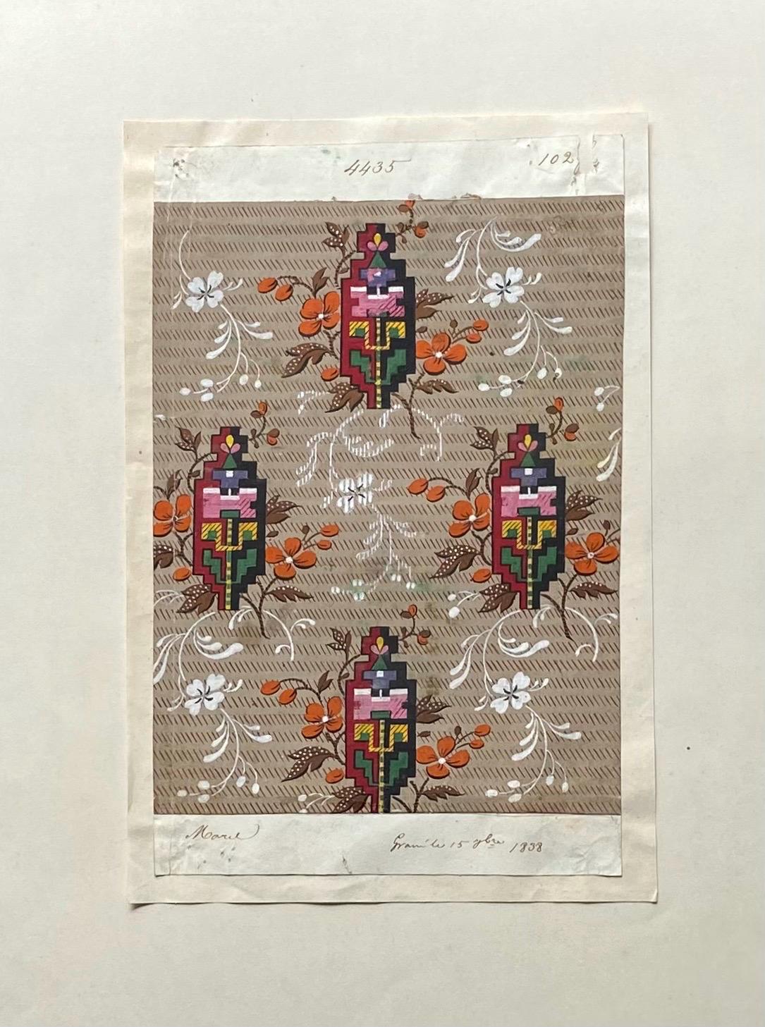 A handpainted 19th Century French Textile Design. Dated 1838. Mounted on Antique Paper. 35.4 x 30.4 cms.