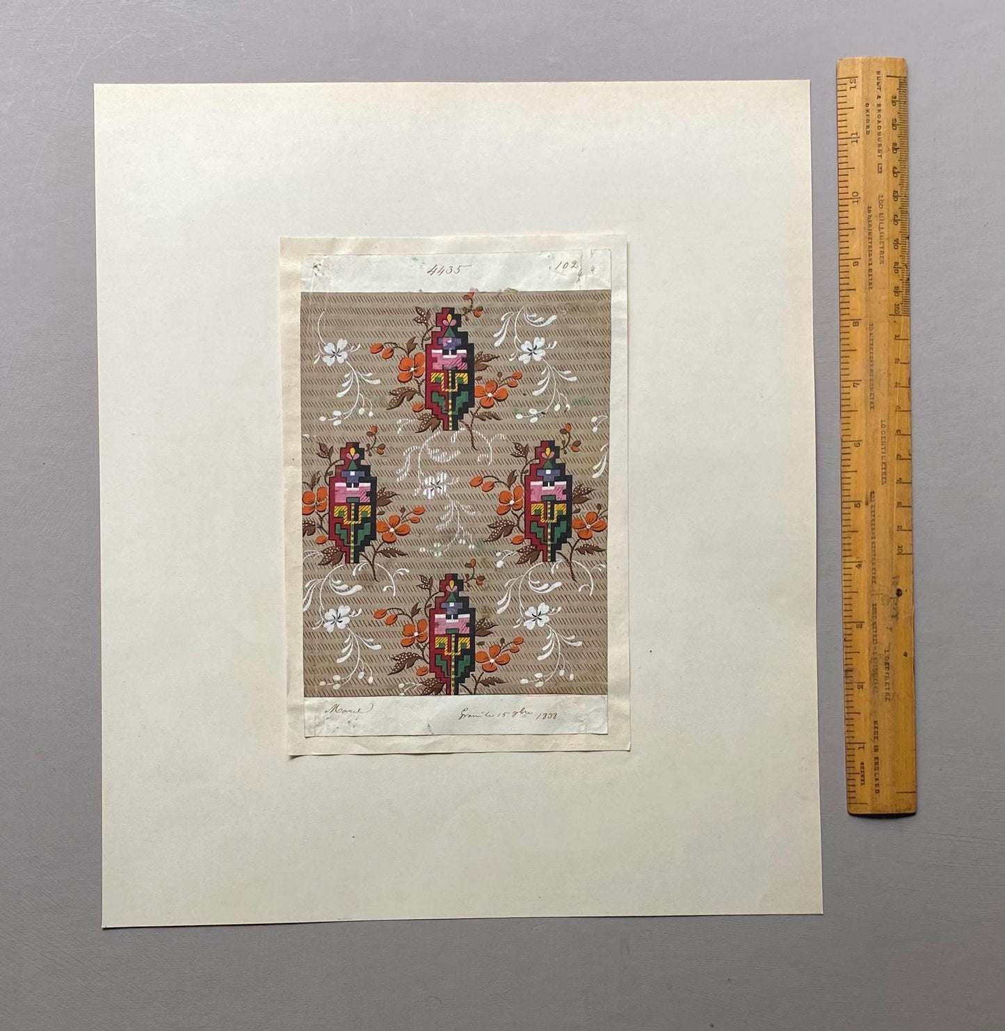 A handpainted 19th Century French Textile Design. Dated 1838. Mounted on Antique Paper. 35.4 x 30.4 cms.