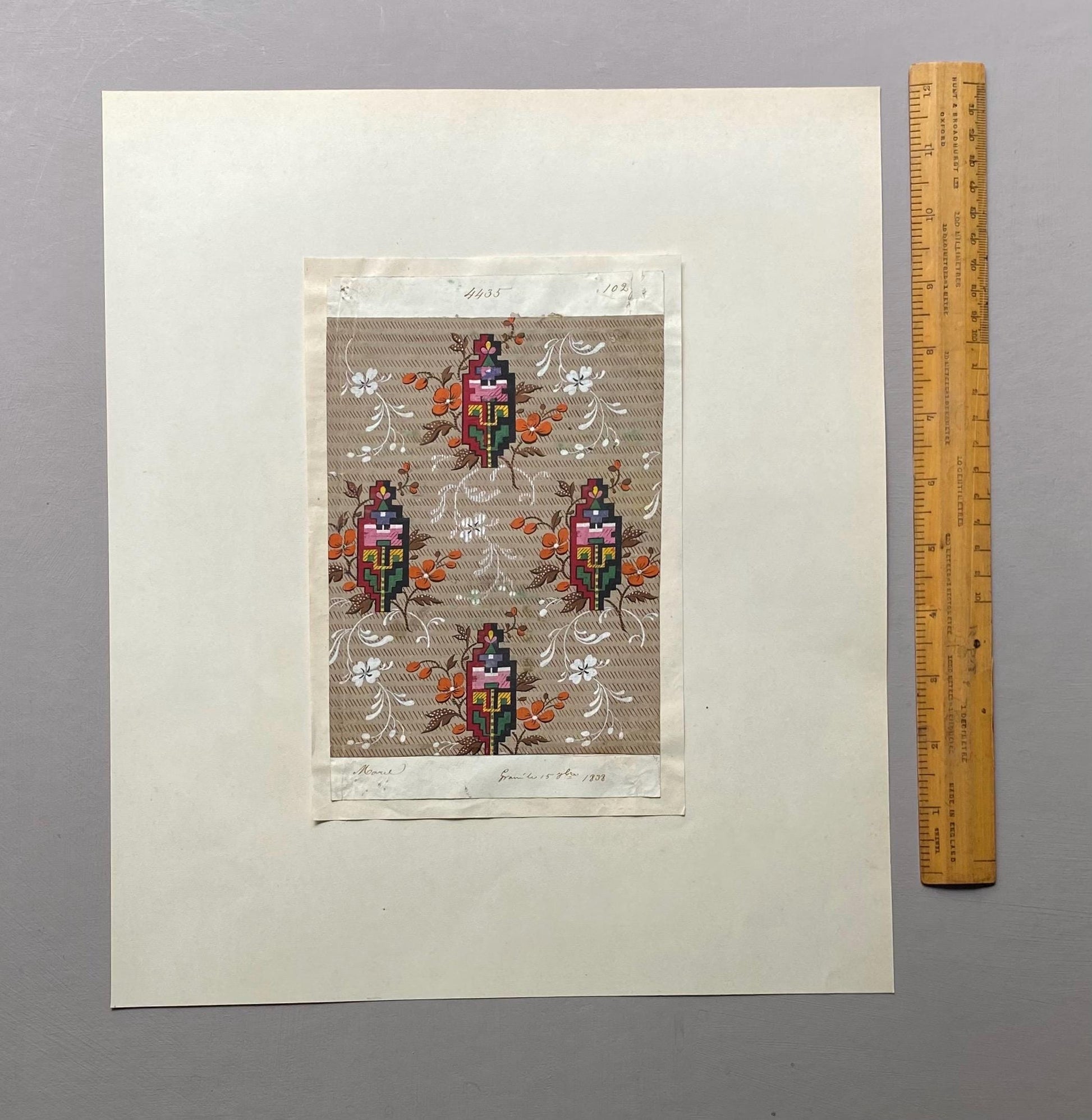 A handpainted 19th Century French Textile Design. Dated 1838. Mounted on Antique Paper. 35.4 x 30.4 cms.
