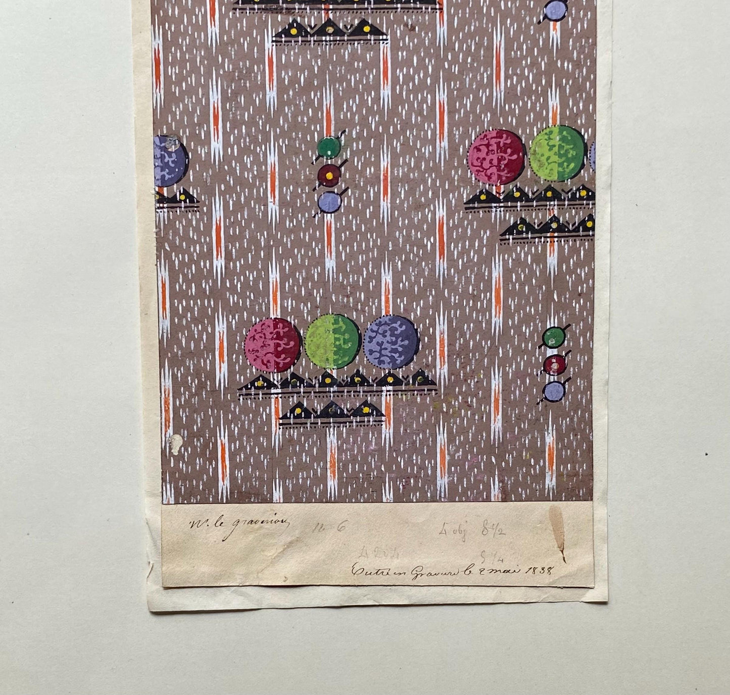 A handpainted 19th Century French Textile Design. Dated 1838. Mounted on Antique Paper. 35.4 x 30.4 cms.