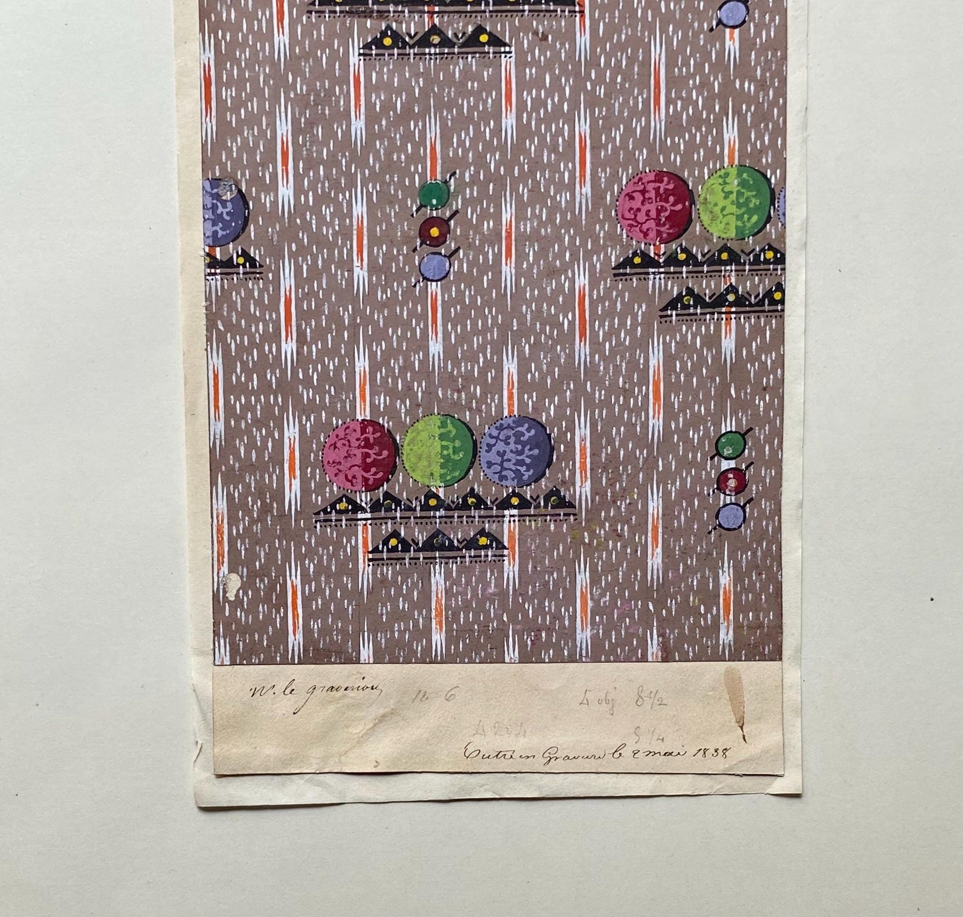 A handpainted 19th Century French Textile Design. Dated 1838. Mounted on Antique Paper. 35.4 x 30.4 cms.