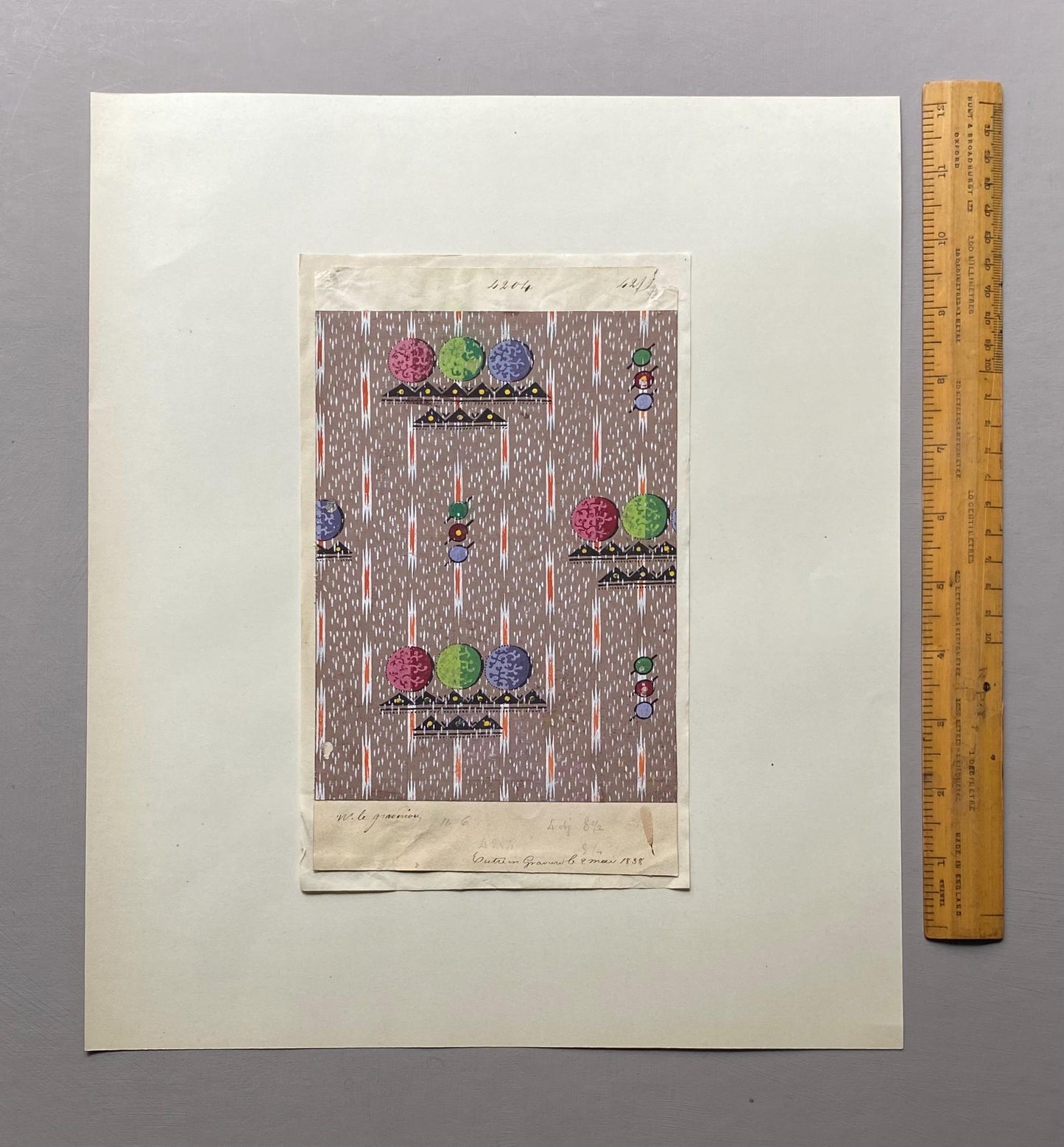 A handpainted 19th Century French Textile Design. Dated 1838. Mounted on Antique Paper. 35.4 x 30.4 cms.
