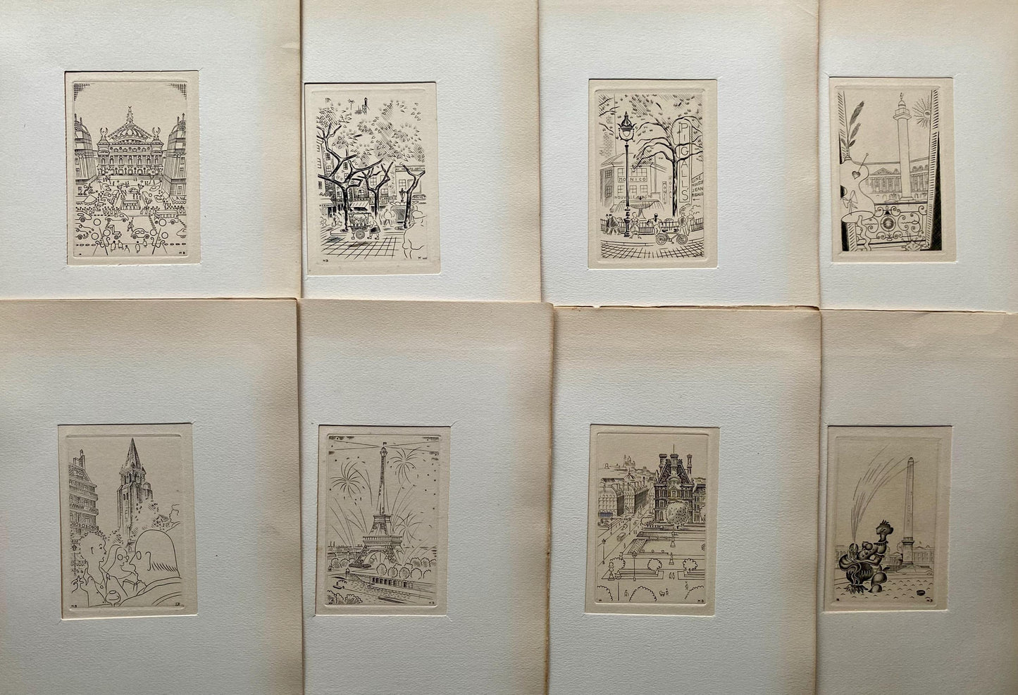 A Set of 8 Original Engravings of Paris. Dating from the 1960’s they Show Iconic Landmarks and Scenes. Signed M. B. Size: 22.5 x 16 cms.