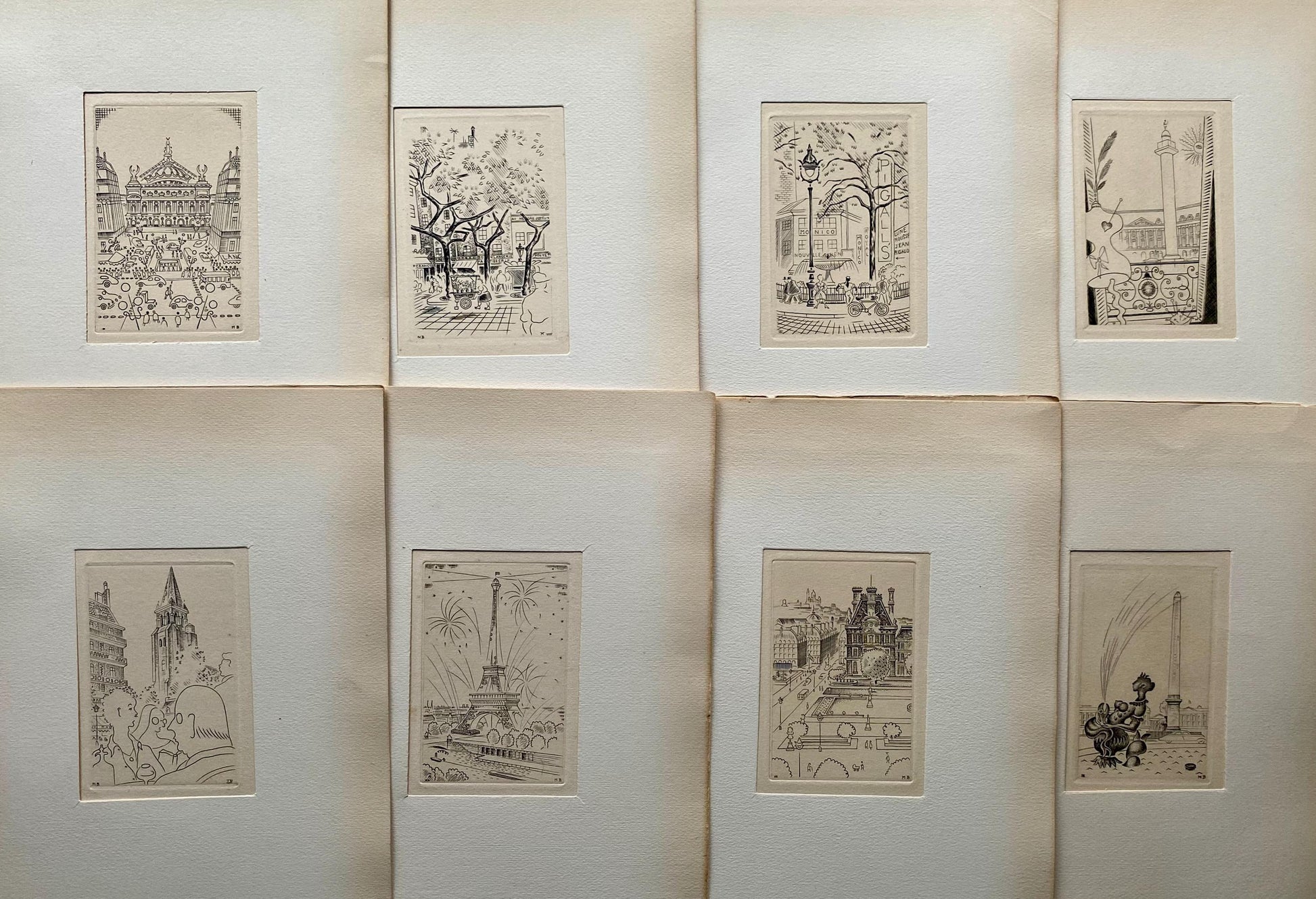 A Set of 8 Original Engravings of Paris. Dating from the 1960’s they Show Iconic Landmarks and Scenes. Signed M. B. Size: 22.5 x 16 cms.
