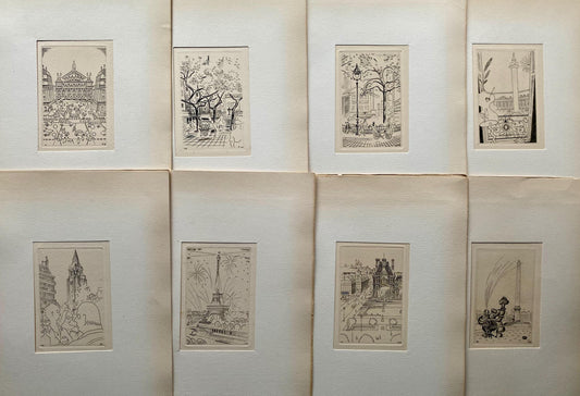 A Set of 8 Original Engravings of Paris. Dating from the 1960’s they Show Iconic Landmarks and Scenes. Signed M. B. Size: 22.5 x 16 cms.