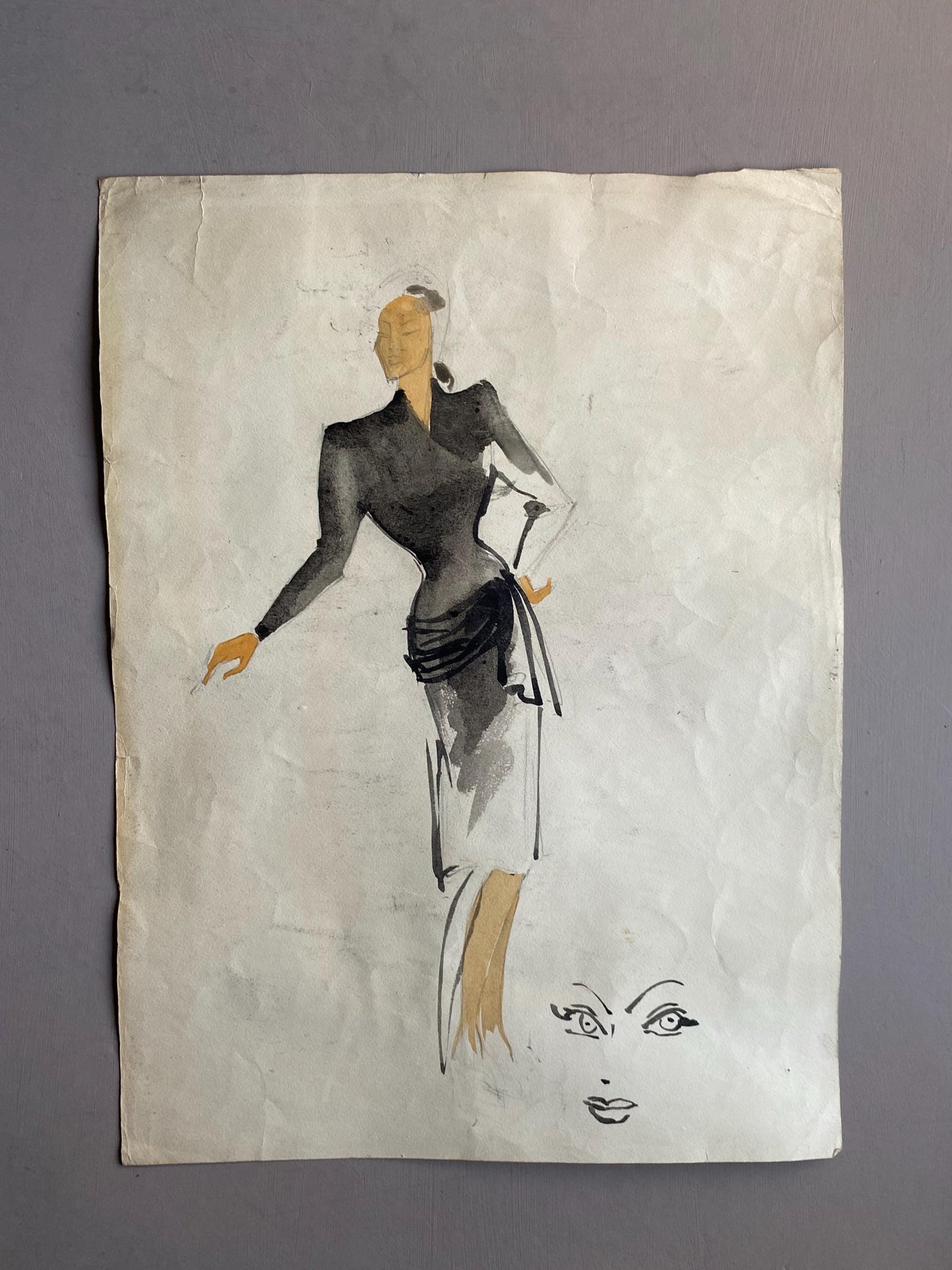 An Original Fashion Sketch, or Croquis, from Parisian Designer Yvette Micas. Hand Painted. 1940s. Size: 28 x 38 cms.