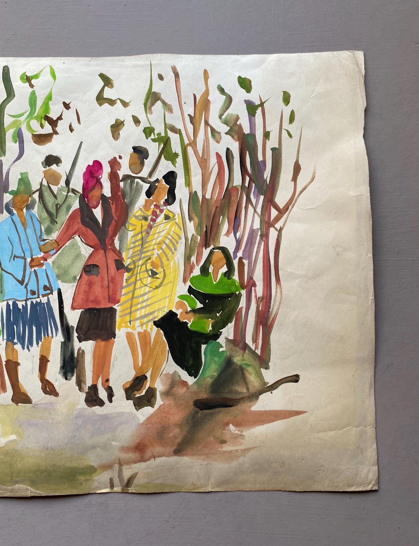 An Original Fashion Sketch, or Croquis, from Parisian Designer Yvette Micas. Hand Painted. 1940s. Size: 28 x 38 cms.