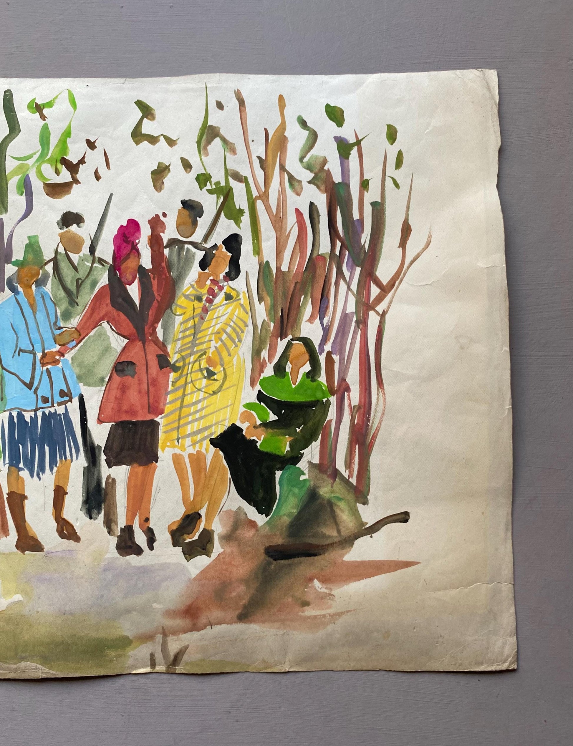 An Original Fashion Sketch, or Croquis, from Parisian Designer Yvette Micas. Hand Painted. 1940s. Size: 28 x 38 cms.