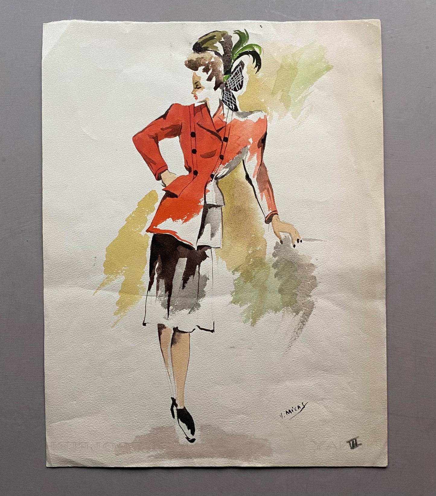 An Original Fashion Sketch, or Croquis, from Parisian Designer Yvette Micas. Hand Painted. 1940s. Size: 32.5 x 25 cms.