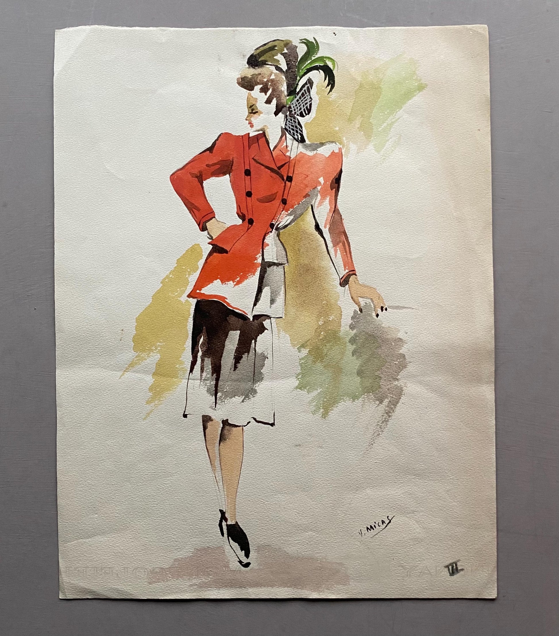 An Original Fashion Sketch, or Croquis, from Parisian Designer Yvette Micas. Hand Painted. 1940s. Size: 32.5 x 25 cms.