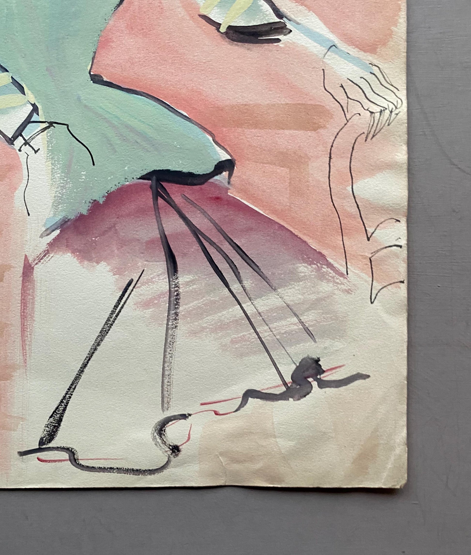 An Original Fashion Sketch, or Croquis, from Parisian Designer Yvette Micas. Hand Painted. 1940s. Size: 38.5 x 28 cms.