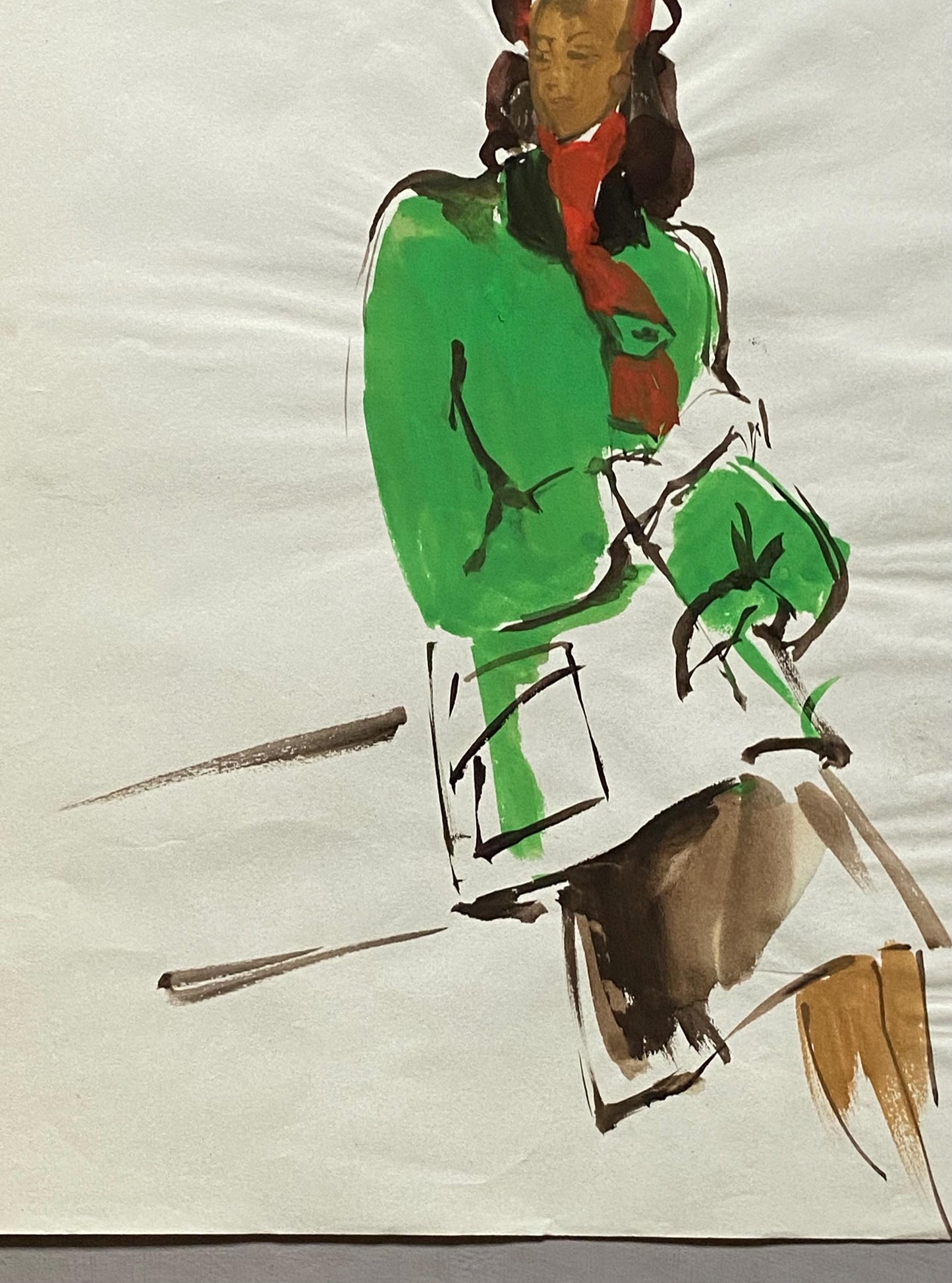 An Original Fashion Sketch, or Croquis, from Parisian Designer Yvette Micas. Hand Painted. 1940s. Size: 28 x 22 cms.