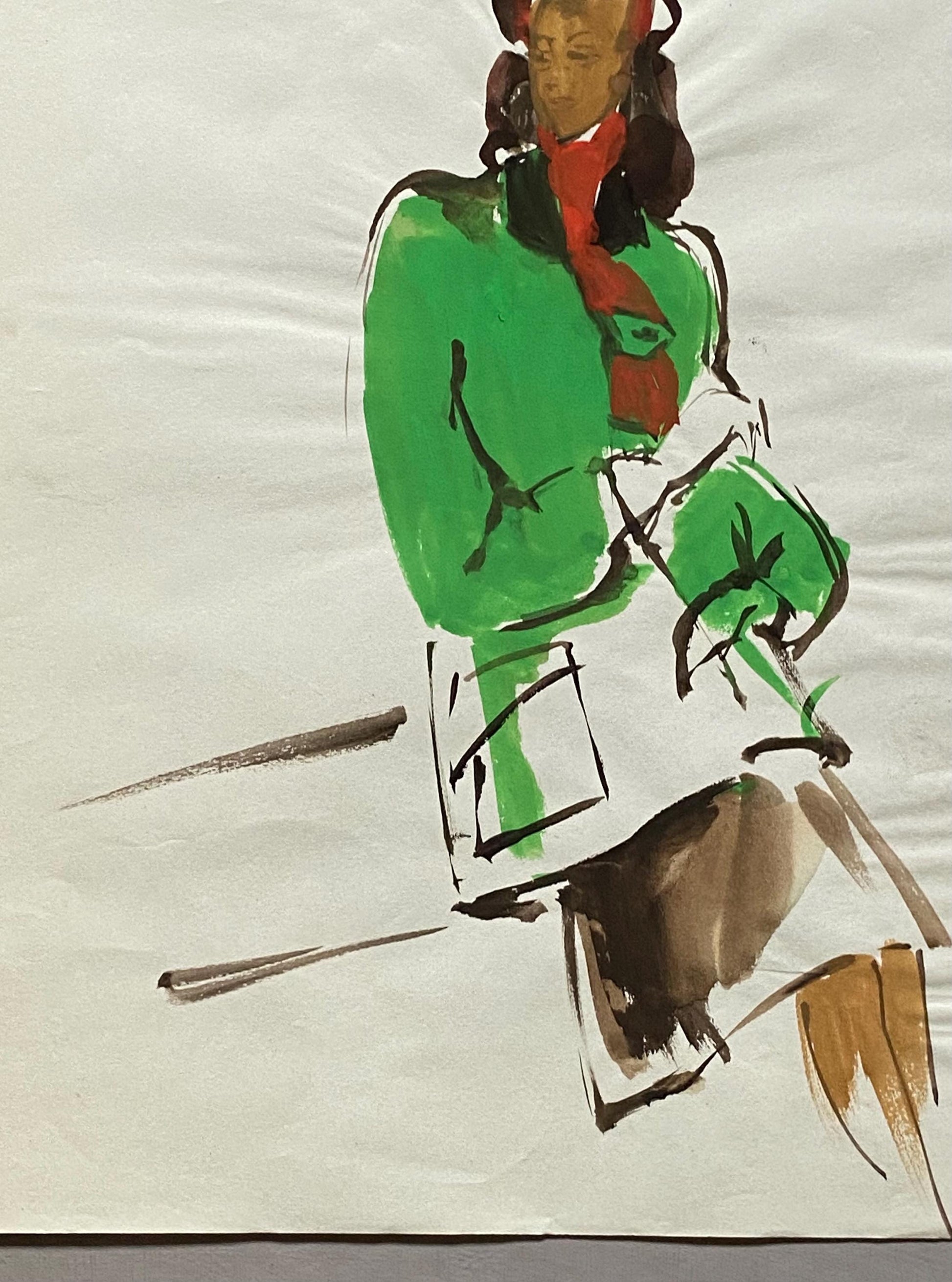 An Original Fashion Sketch, or Croquis, from Parisian Designer Yvette Micas. Hand Painted. 1940s. Size: 28 x 22 cms.