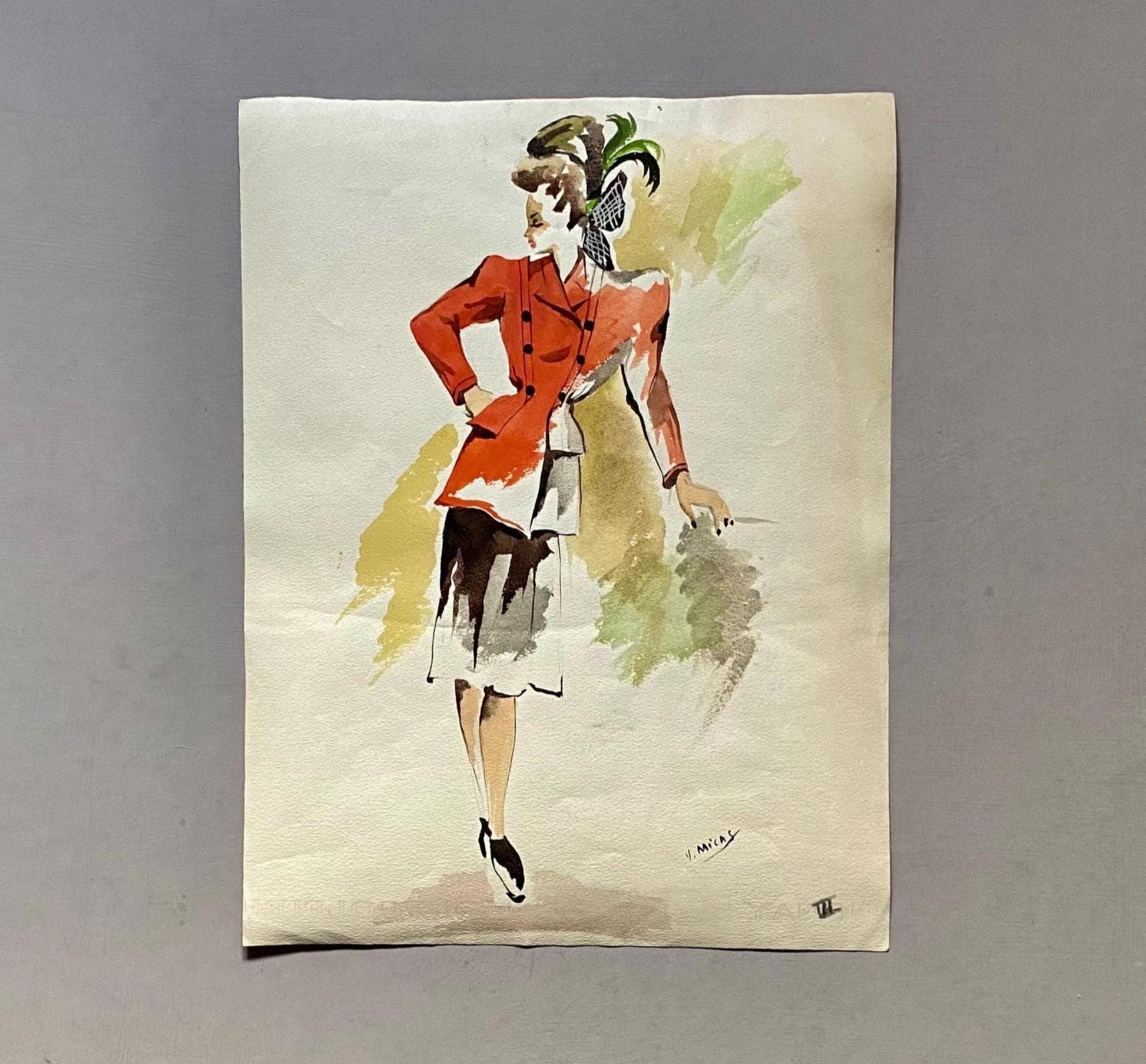 An Original Fashion Sketch, or Croquis, from Parisian Designer Yvette Micas. Hand Painted. 1940s. Size: 32.5 x 25 cms.