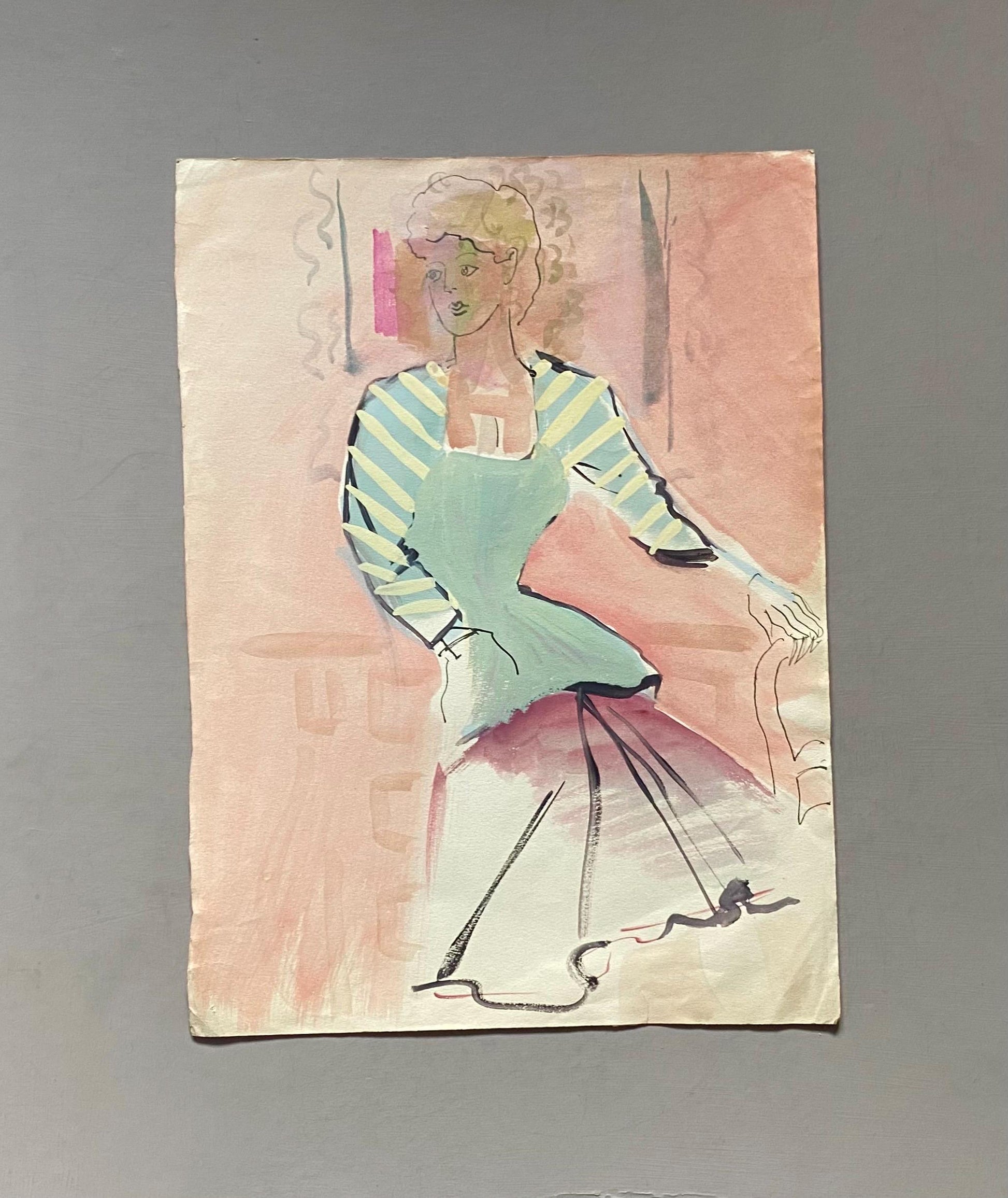 An Original Fashion Sketch, or Croquis, from Parisian Designer Yvette Micas. Hand Painted. 1940s. Size: 38.5 x 28 cms.