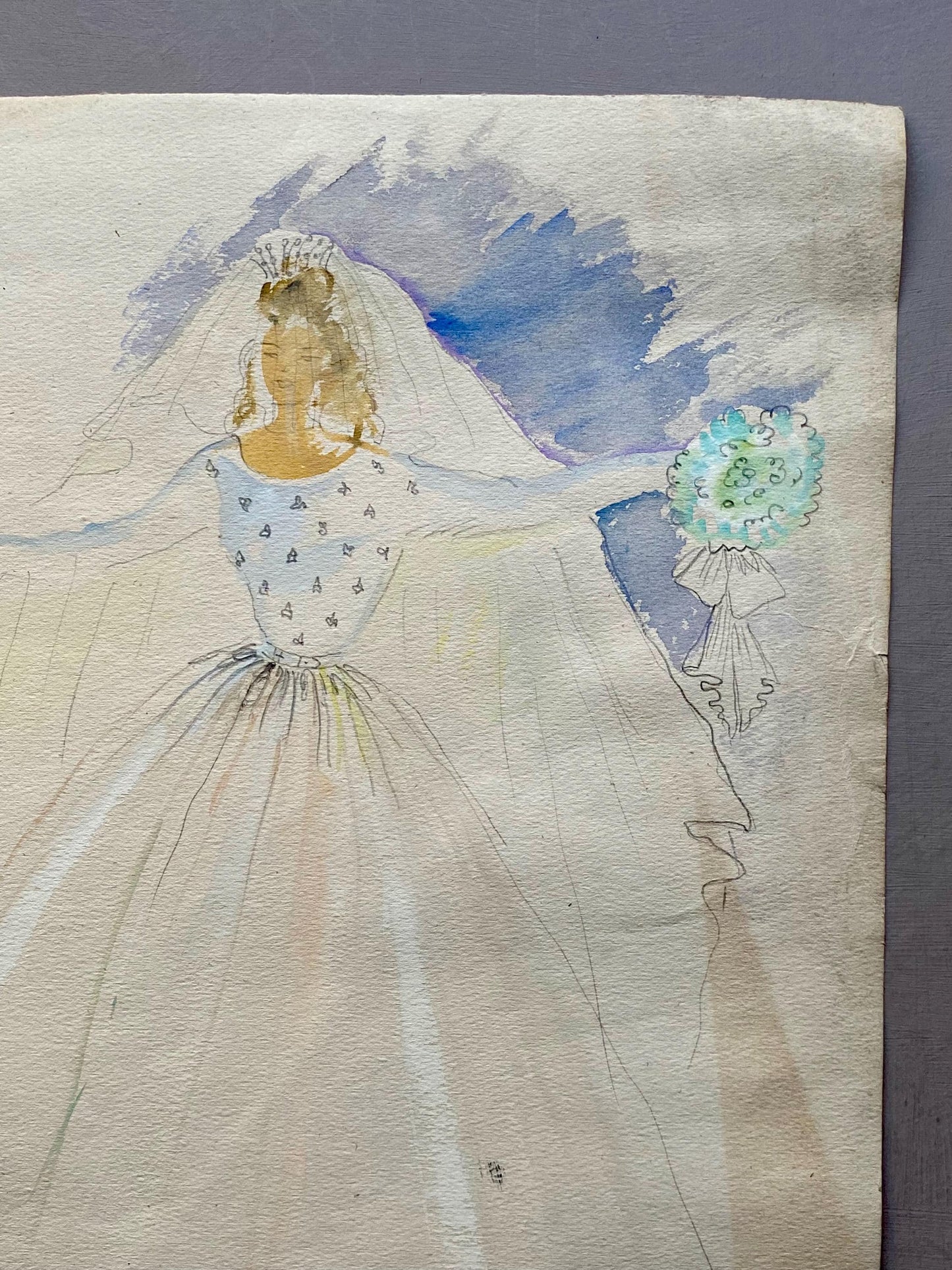 An Original Fashion Sketch, or Croquis, from Parisian Designer Yvette Micas. Hand Painted. 1940s. Size: 33 x 25 cms.