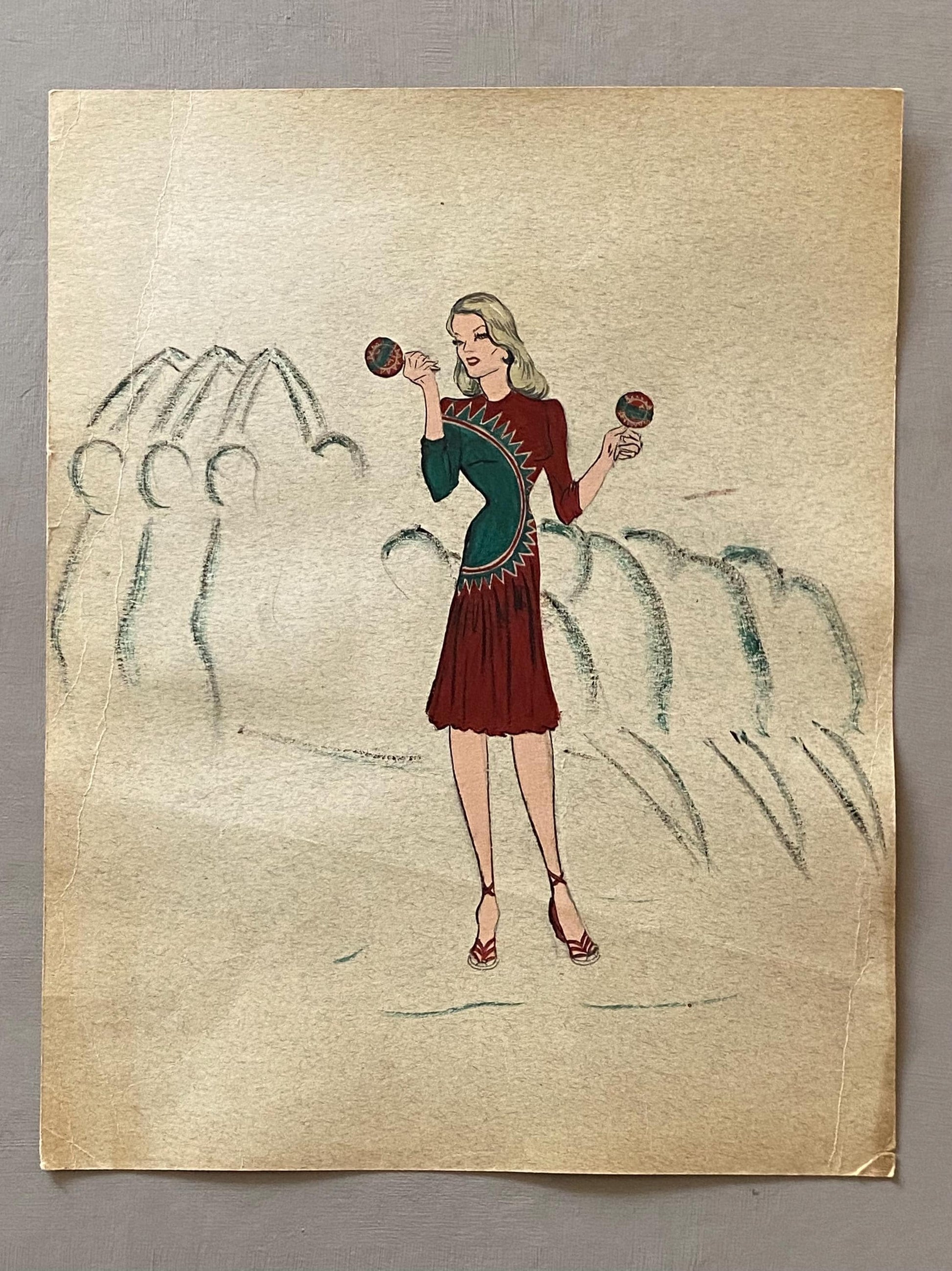 An Original Fashion Sketch, or Croquis, from Parisian Designer Yvette Micas. Hand Painted. 1940s. Size: 30.5 x 24 cms..