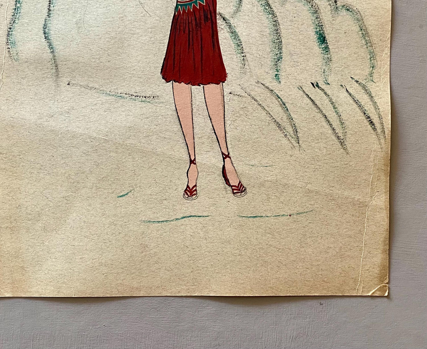 An Original Fashion Sketch, or Croquis, from Parisian Designer Yvette Micas. Hand Painted. 1940s. Size: 30.5 x 24 cms..