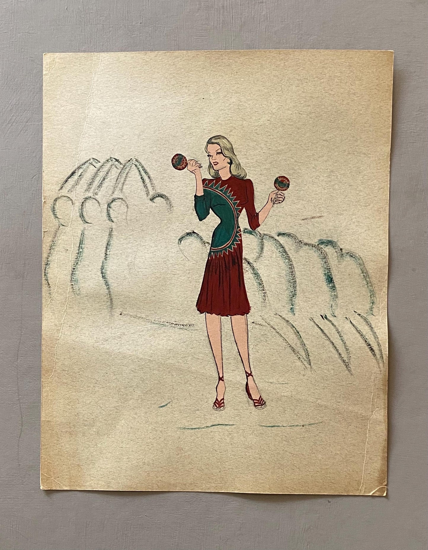 An Original Fashion Sketch, or Croquis, from Parisian Designer Yvette Micas. Hand Painted. 1940s. Size: 30.5 x 24 cms..