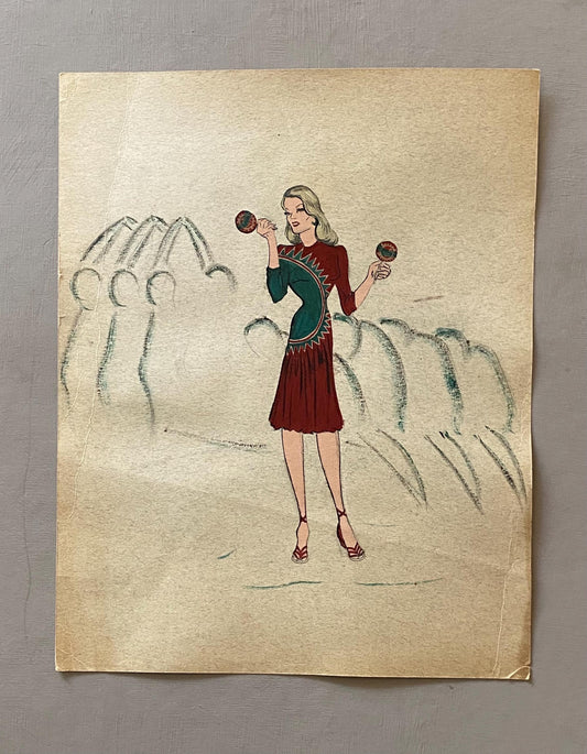 An Original Fashion Sketch, or Croquis, from Parisian Designer Yvette Micas. Hand Painted. 1940s. Size: 30.5 x 24 cms..