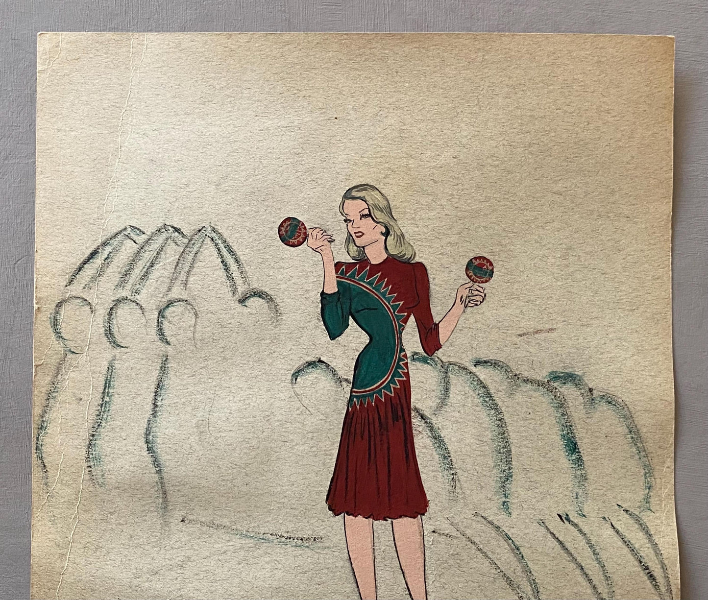 An Original Fashion Sketch, or Croquis, from Parisian Designer Yvette Micas. Hand Painted. 1940s. Size: 30.5 x 24 cms..