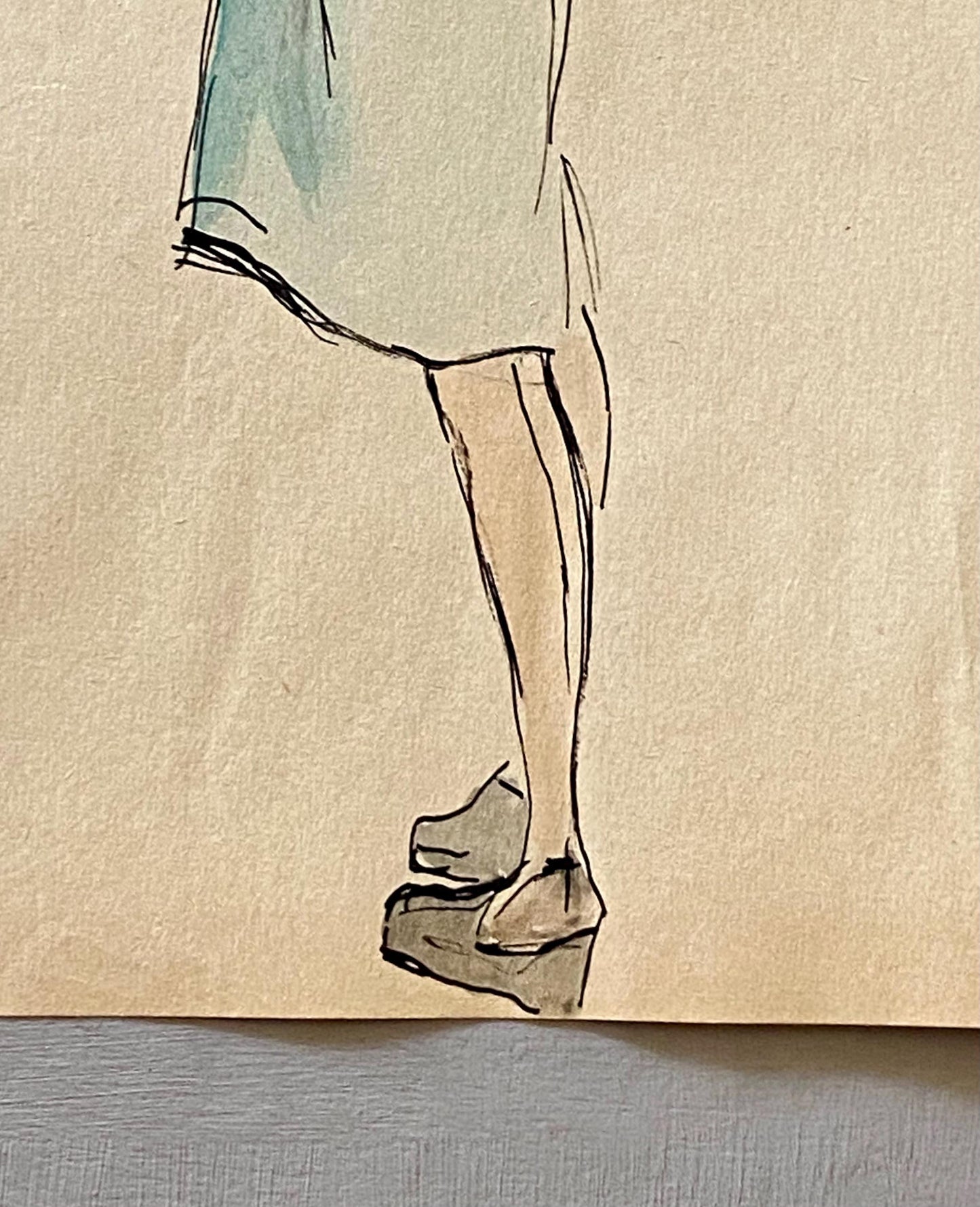 An Original Fashion Sketch, or Croquis, from Parisian Designer Yvette Micas. Hand Painted. 1940s. Signed. Size: 27 x 21 cms.