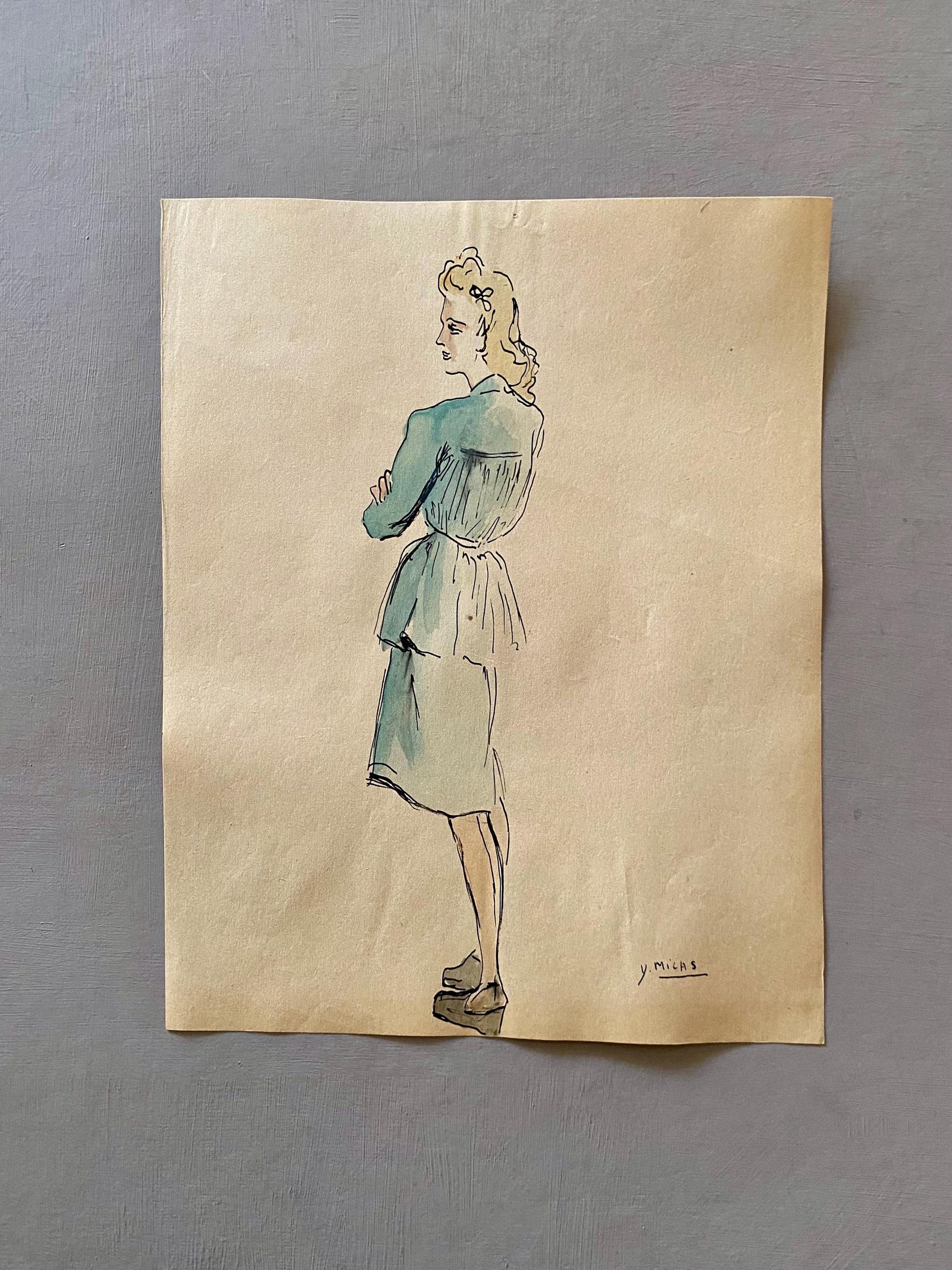 An Original Fashion Sketch, or Croquis, from Parisian Designer Yvette Micas. Hand Painted. 1940s. Signed. Size: 27 x 21 cms.