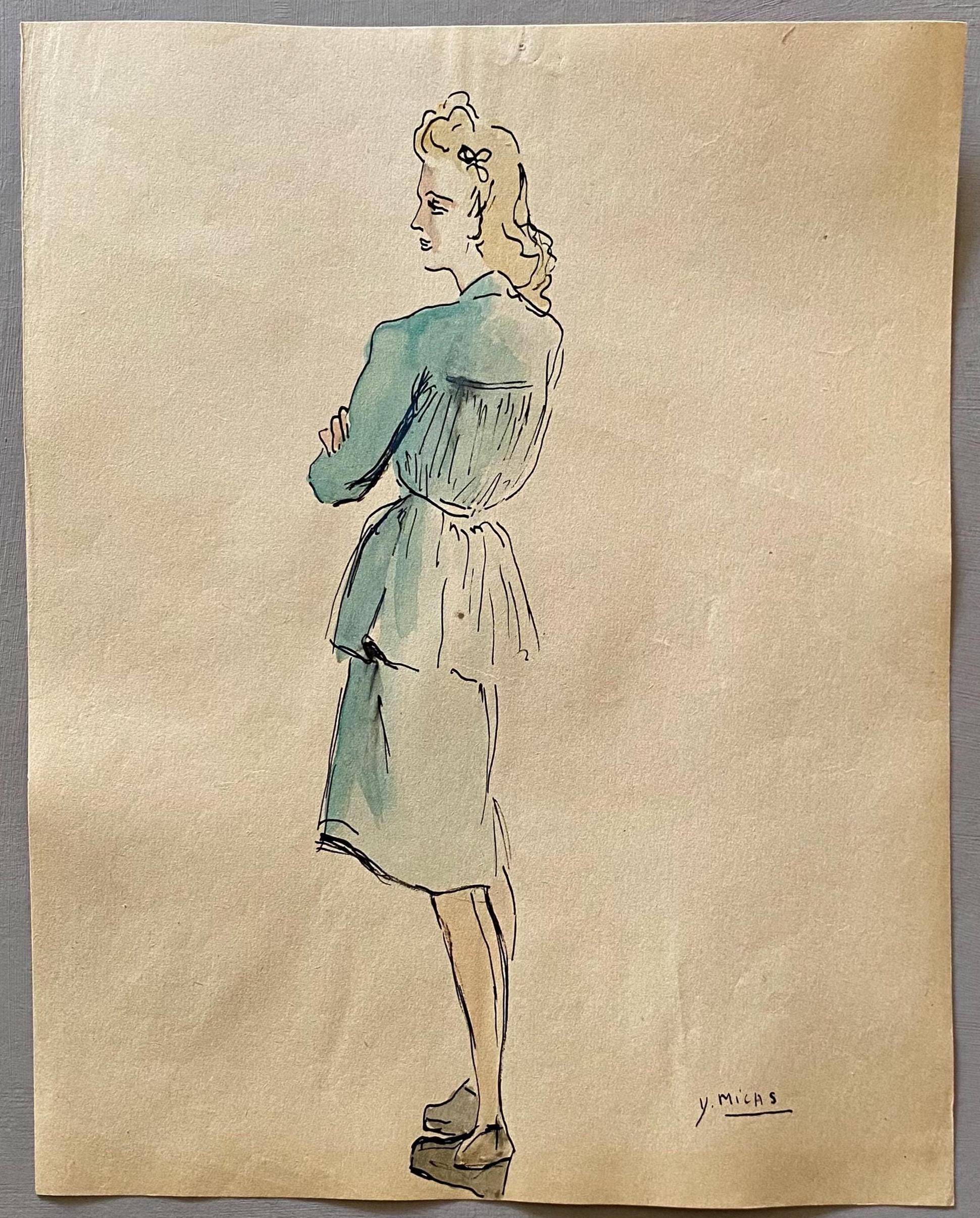 An Original Fashion Sketch, or Croquis, from Parisian Designer Yvette Micas. Hand Painted. 1940s. Signed. Size: 27 x 21 cms.