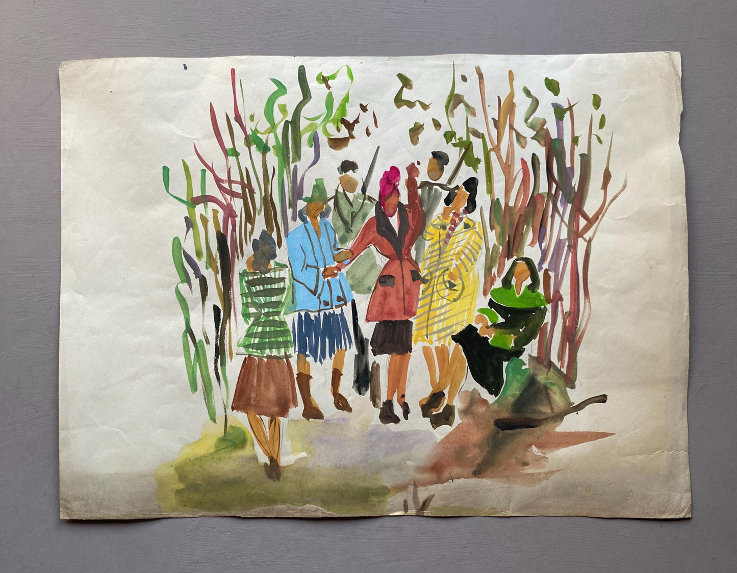 An Original Fashion Sketch, or Croquis, from Parisian Designer Yvette Micas. Hand Painted. 1940s. Size: 28 x 38 cms.