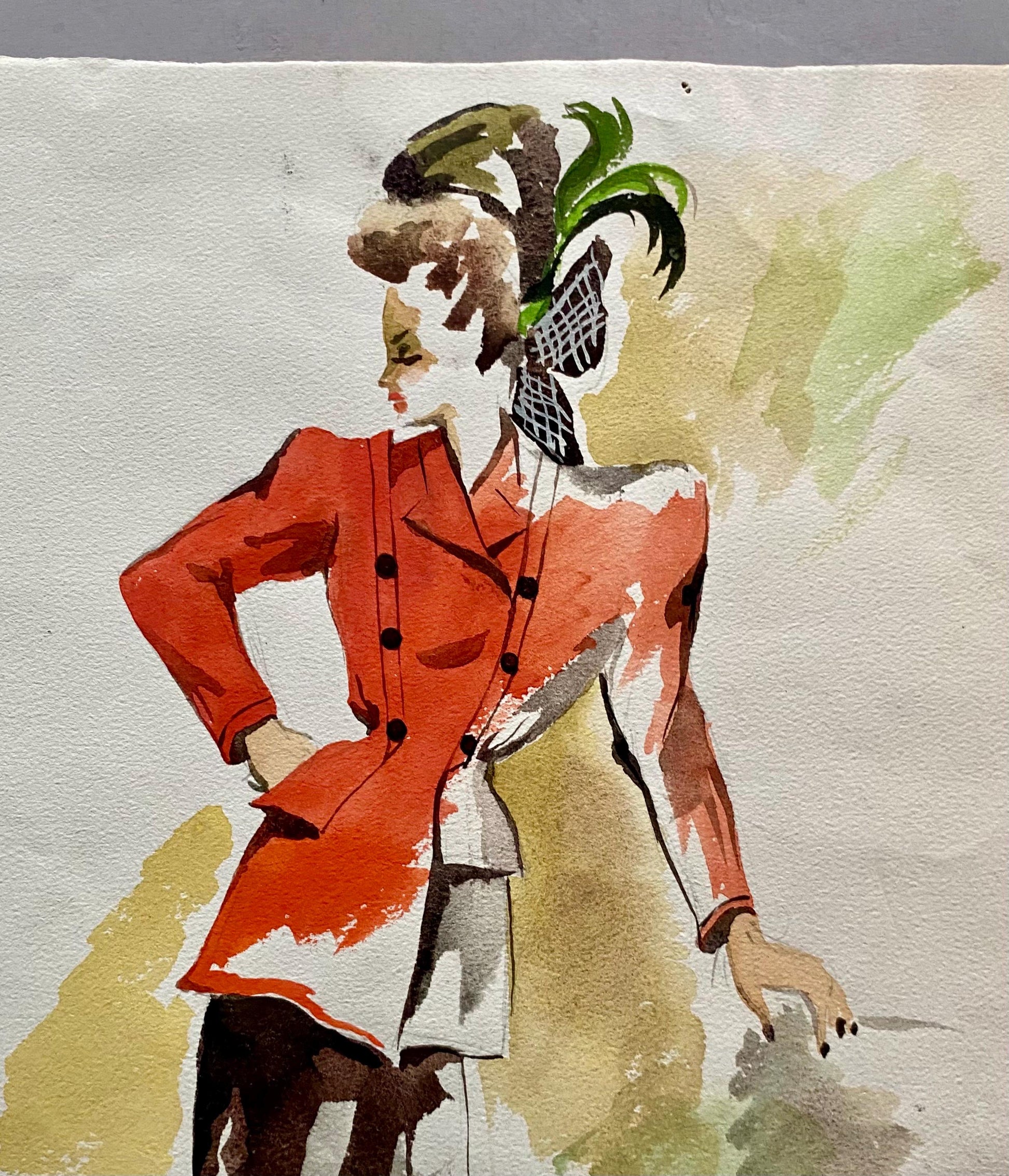 An Original Fashion Sketch, or Croquis, from Parisian Designer Yvette Micas. Hand Painted. 1940s. Size: 32.5 x 25 cms.