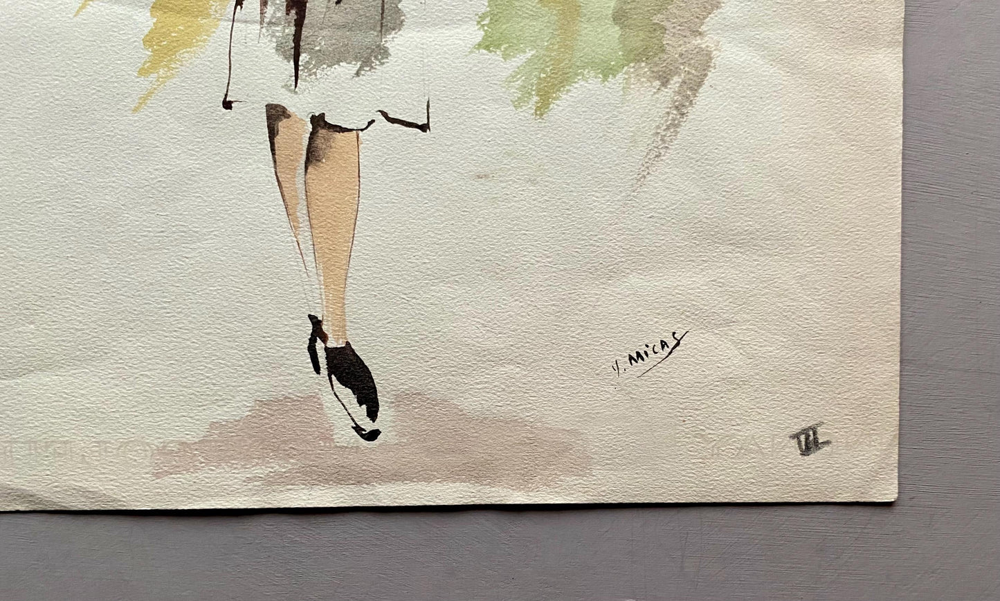 An Original Fashion Sketch, or Croquis, from Parisian Designer Yvette Micas. Hand Painted. 1940s. Size: 32.5 x 25 cms.