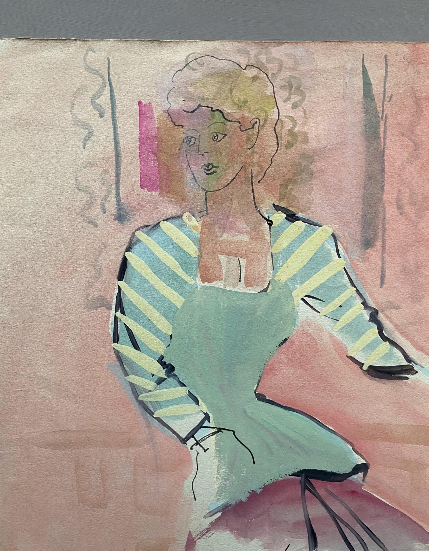 An Original Fashion Sketch, or Croquis, from Parisian Designer Yvette Micas. Hand Painted. 1940s. Size: 38.5 x 28 cms.