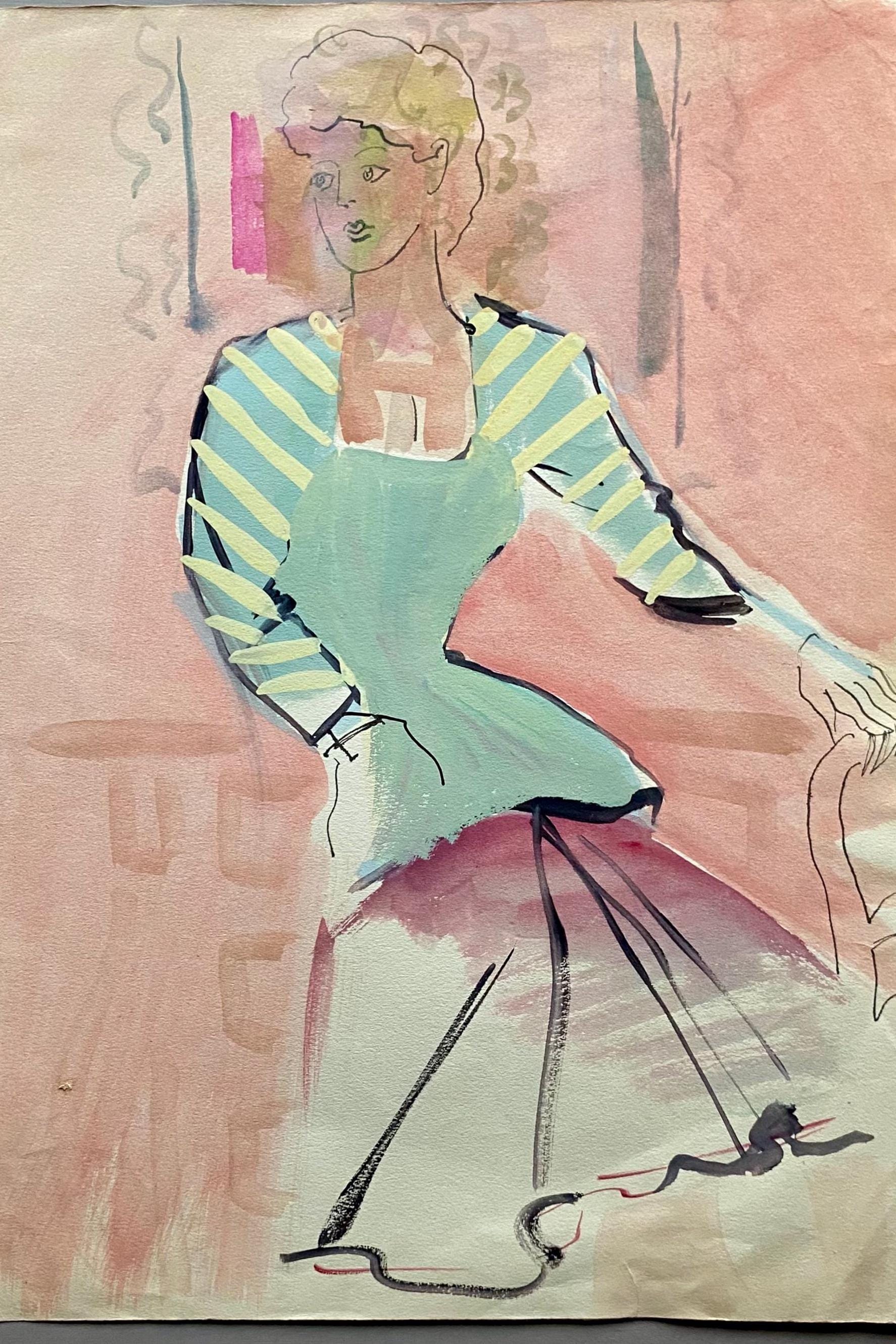 An Original Fashion Sketch, or Croquis, from Parisian Designer Yvette Micas. Hand Painted. 1940s. Size: 38.5 x 28 cms.