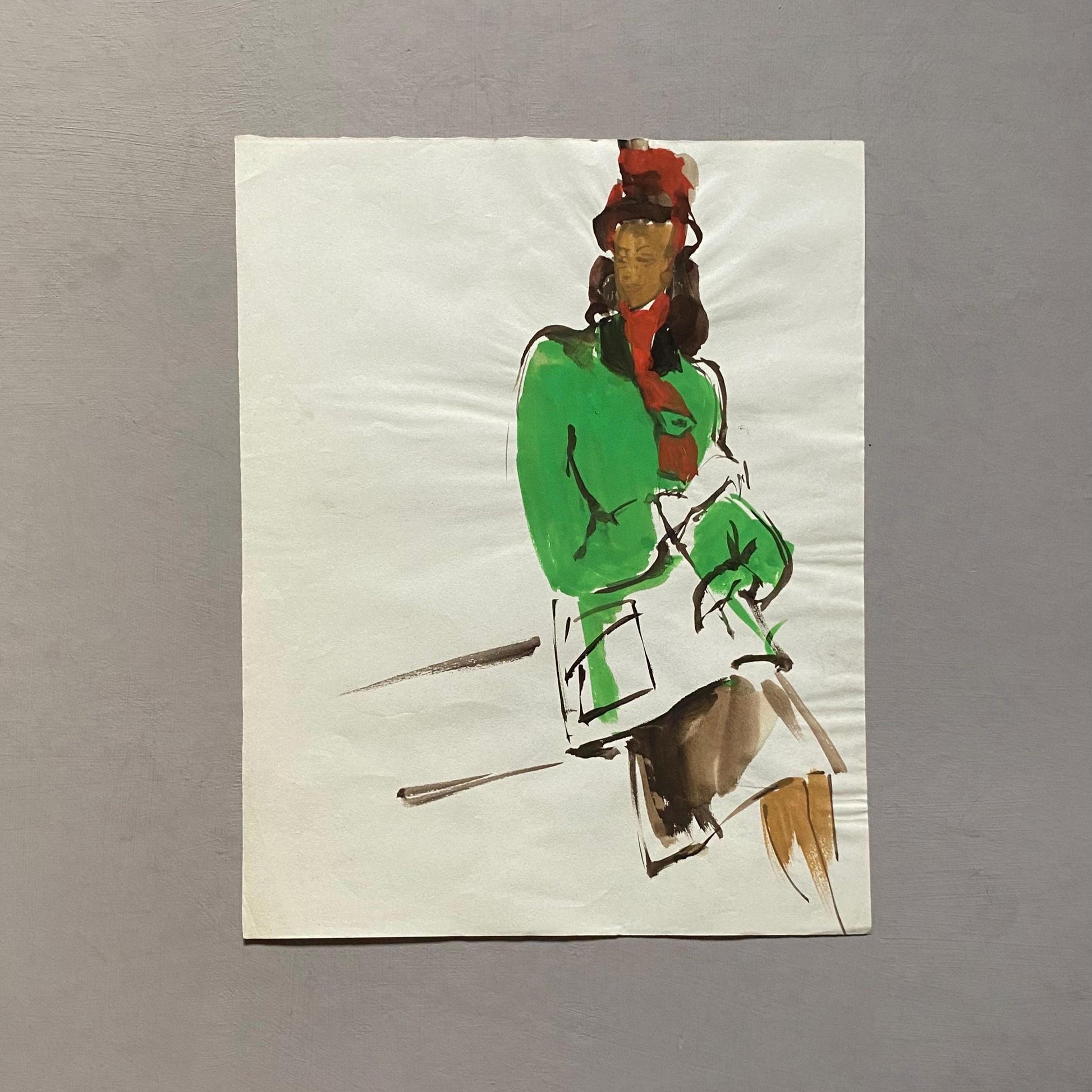 An Original Fashion Sketch, or Croquis, from Parisian Designer Yvette Micas. Hand Painted. 1940s. Size: 28 x 22 cms.