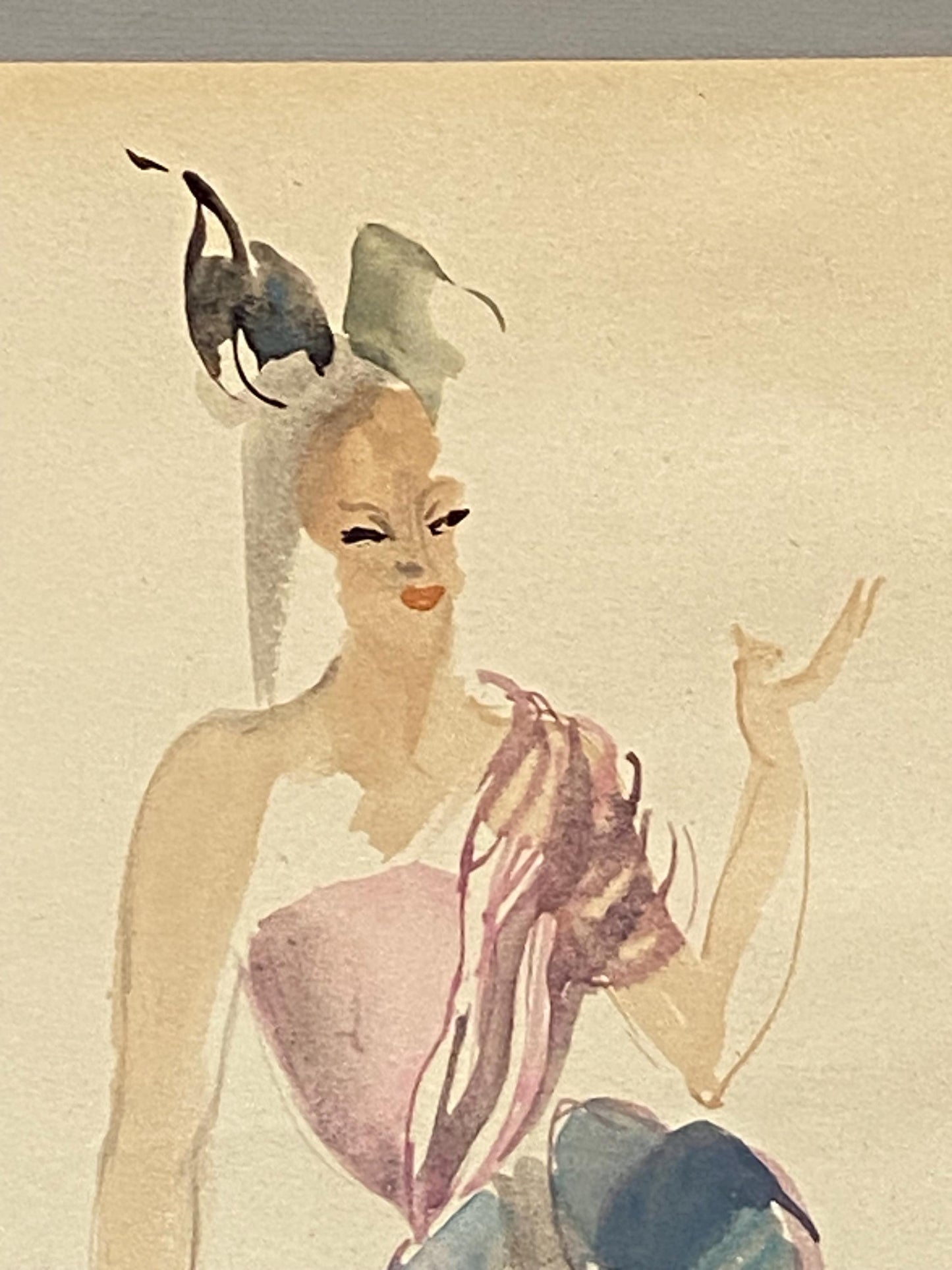 An Original Fashion Sketch, or Croquis, from Parisian Designer Yvette Micas. Hand Painted. 1940s. Signed. Size: 33 x 25.5 cms.