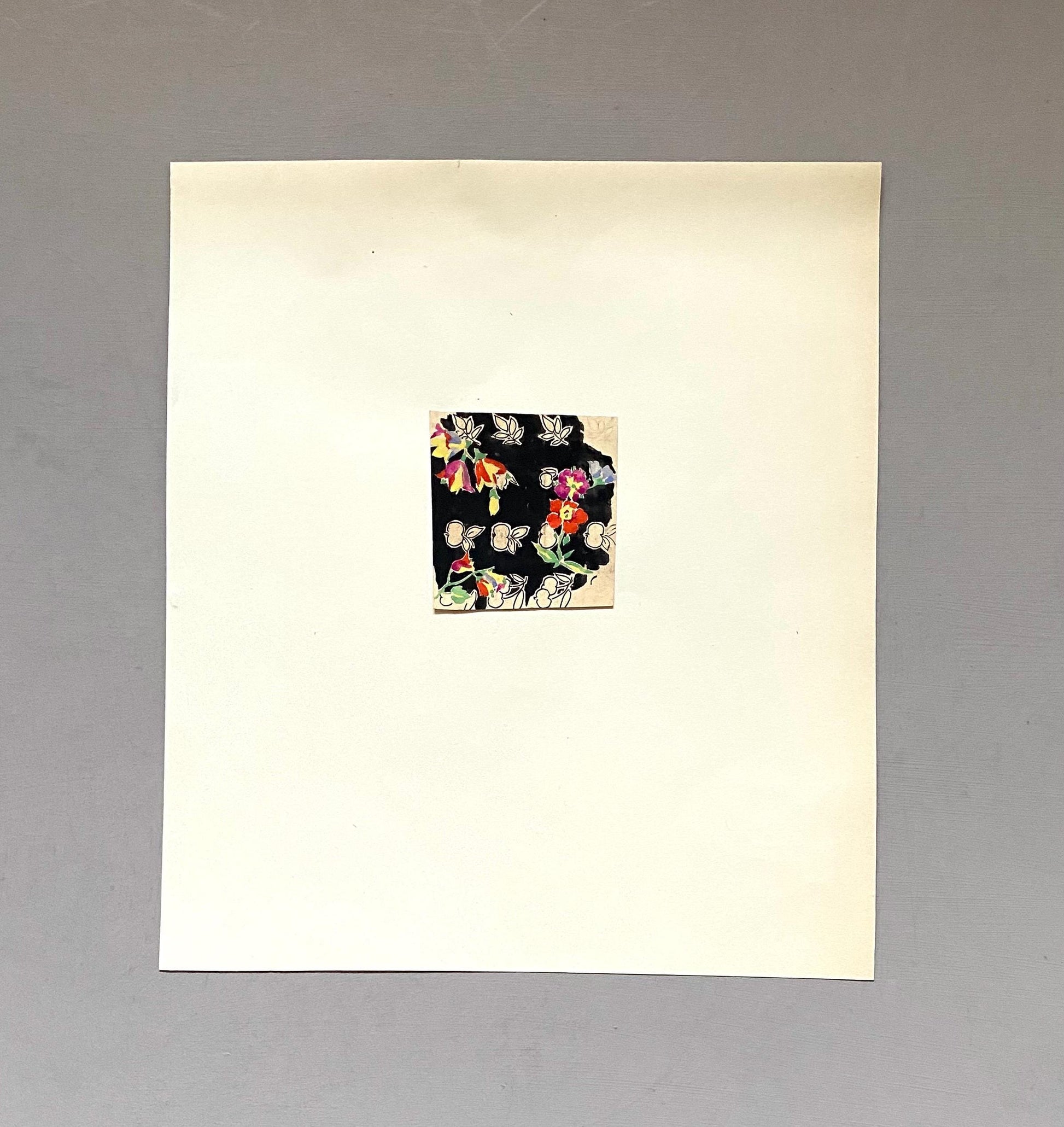 An Original Antique French Textile Design. Floral. Hand Drawn and Painted. 1930s. Size: 6.7 x 6.2 cms.