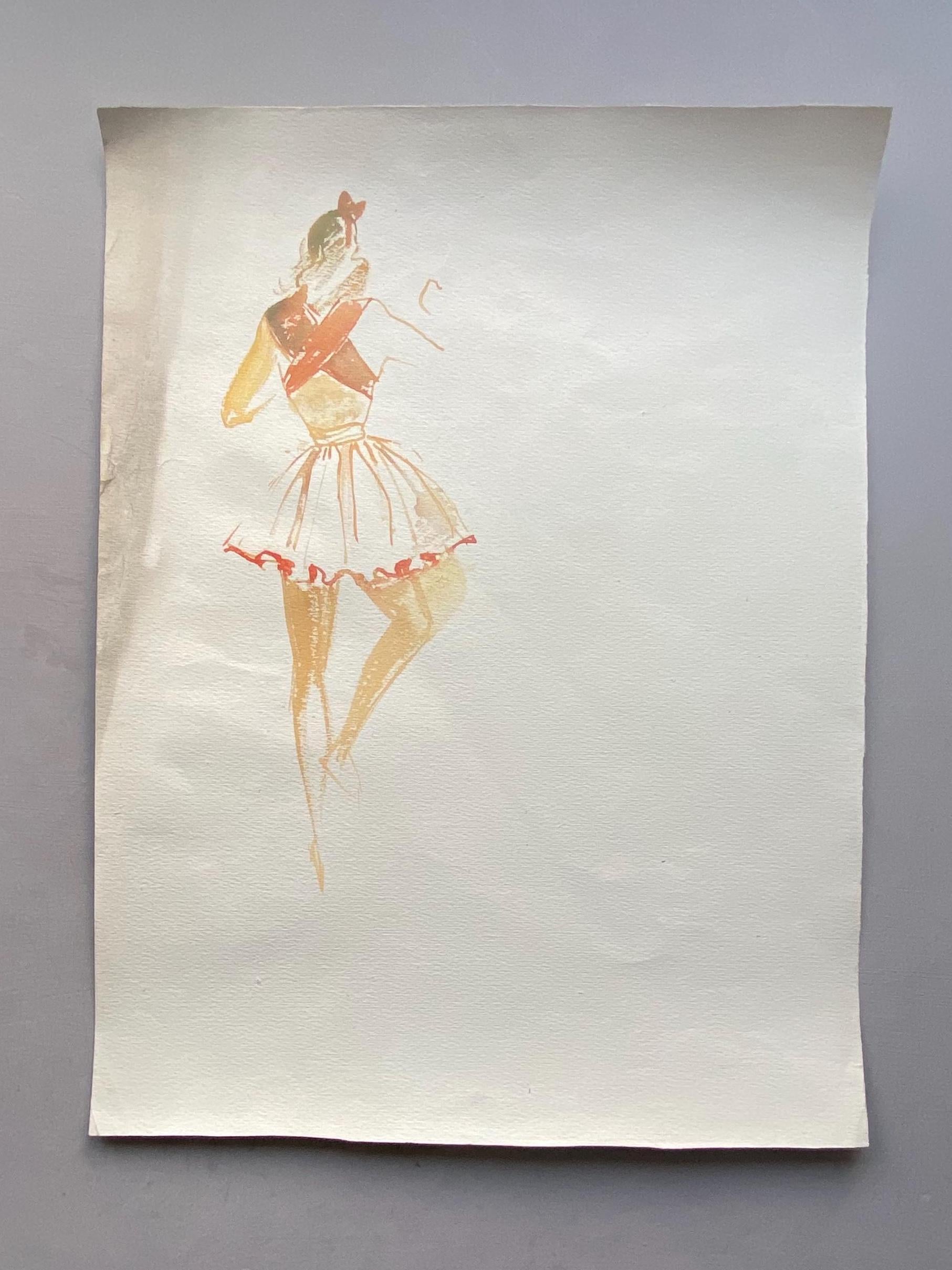 An Original Fashion Sketch, or Croquis, from Parisian Designer Yvette Micas. Hand Painted. 1940s. Size: 33 x 25 cms.