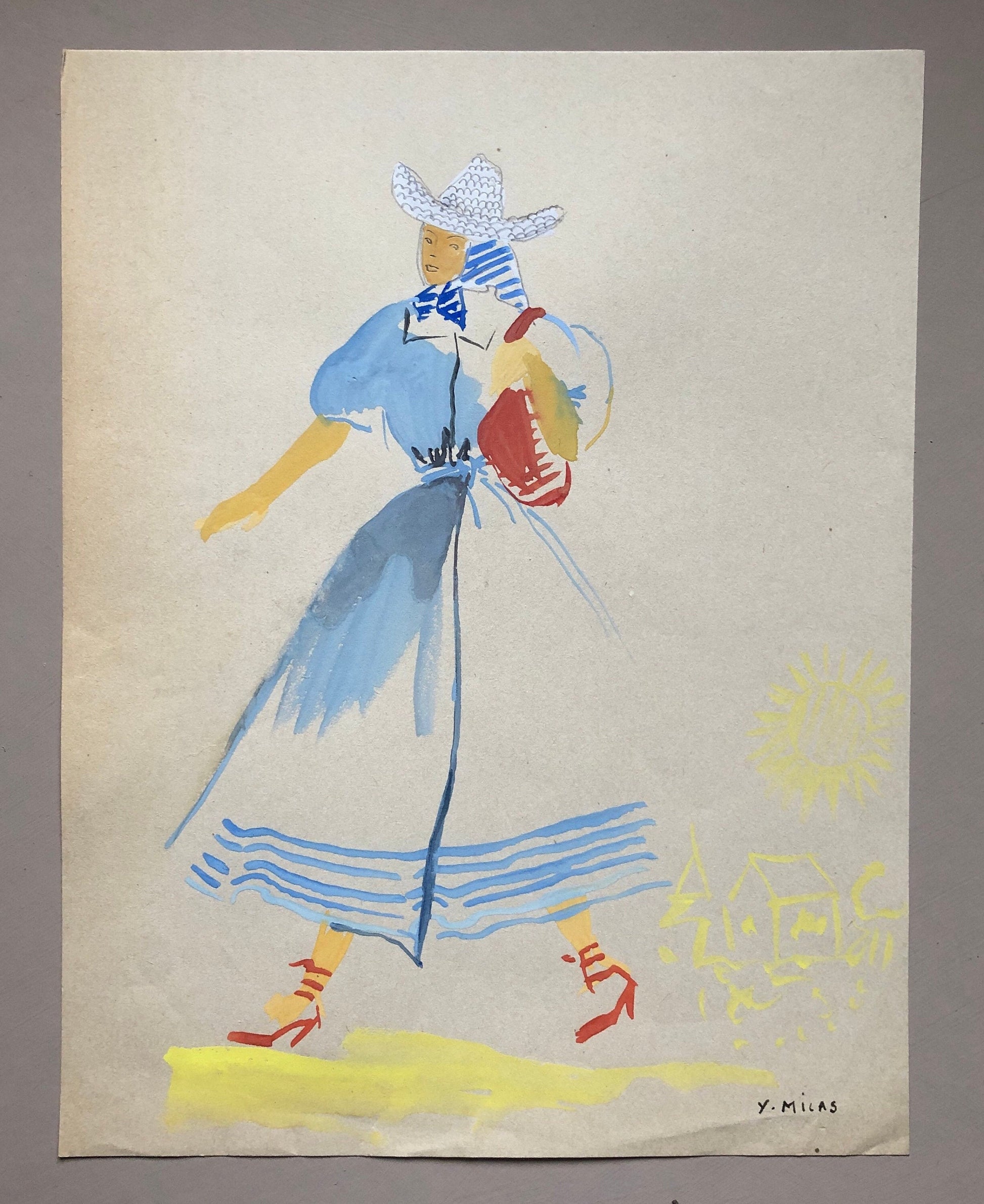 May include: A watercolor painting of a woman wearing a blue dress with white stripes, a white hat with blue trim, and red shoes. She is carrying a red bag and walking towards the right. The background is a light brown with yellow accents.