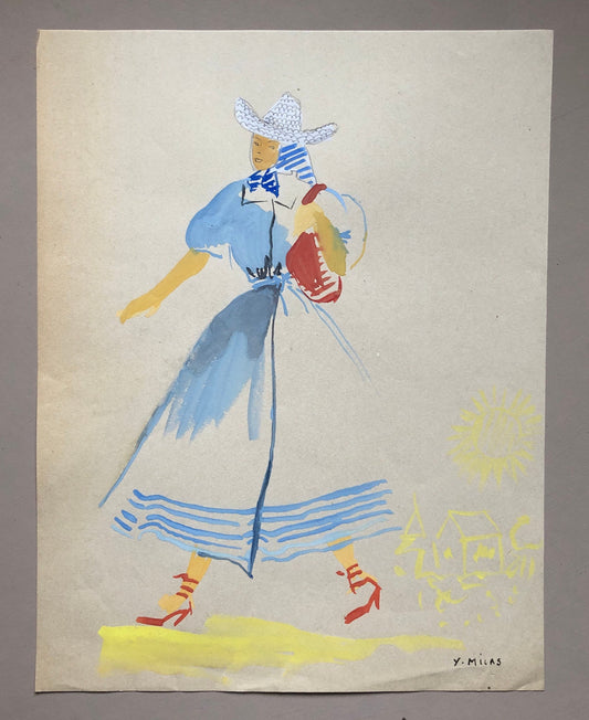 May include: A watercolor painting of a woman wearing a blue dress with white stripes, a white hat with blue trim, and red shoes. She is carrying a red bag and walking towards the right. The background is a light brown with yellow accents.