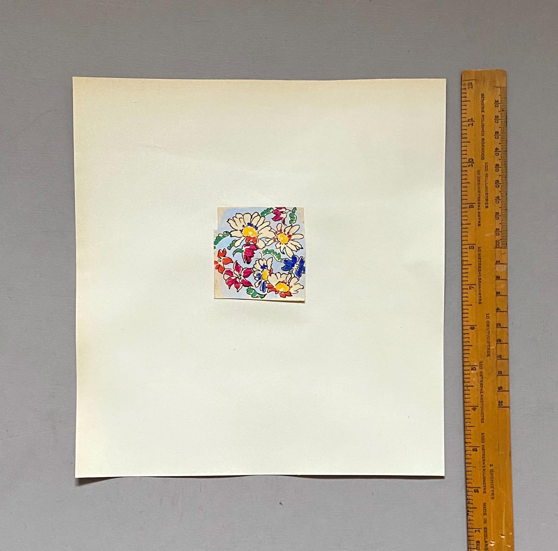An Original Antique French Textile Design. Floral. Hand Drawn and Painted. 1930s. Size: 5.8 x 5.8 cms.