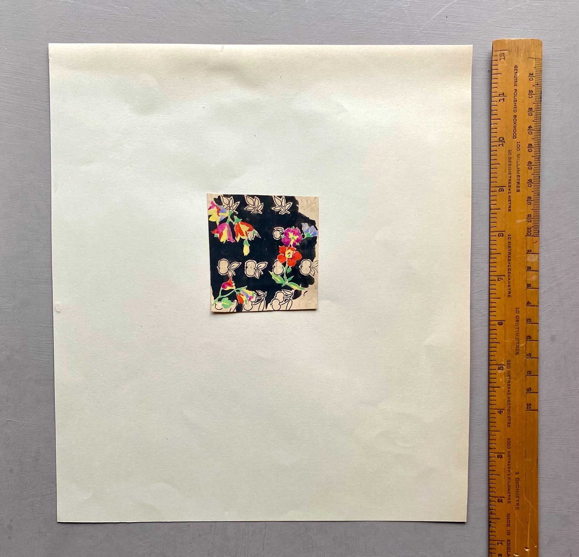 An Original Antique French Textile Design. Floral. Hand Drawn and Painted. 1930s. Size: 6.7 x 6.2 cms.