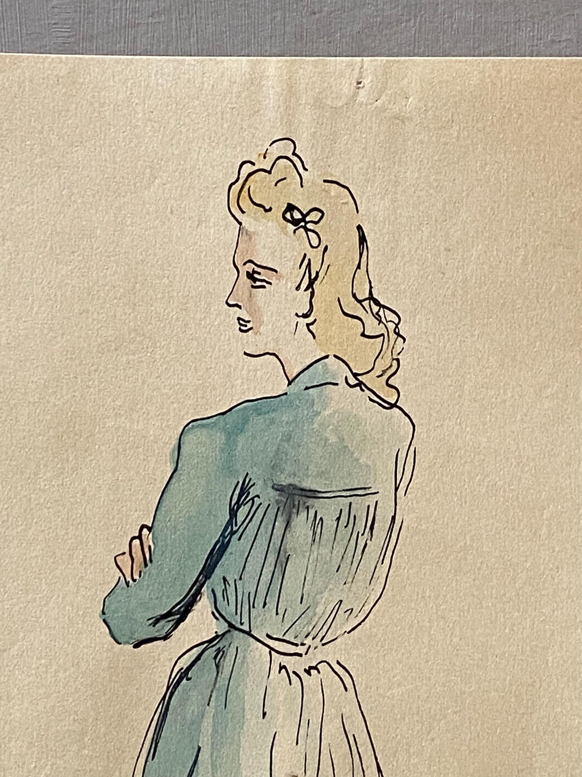 An Original Fashion Sketch, or Croquis, from Parisian Designer Yvette Micas. Hand Painted. 1940s. Signed. Size: 27 x 21 cms.